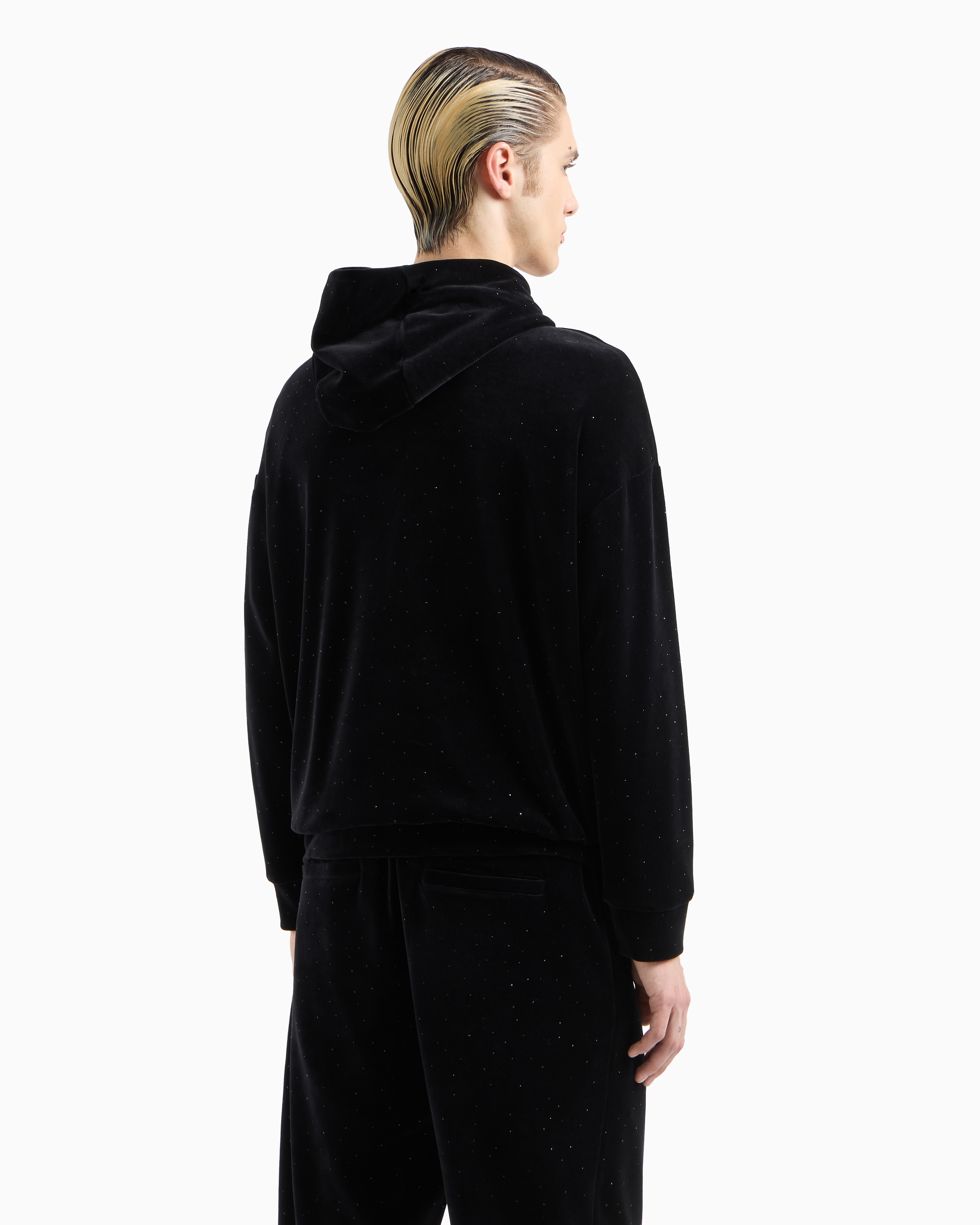 Emporio Armani Official Store Clubwear Chenille Hooded Sweatshirt With All-over Rhinestones In Black