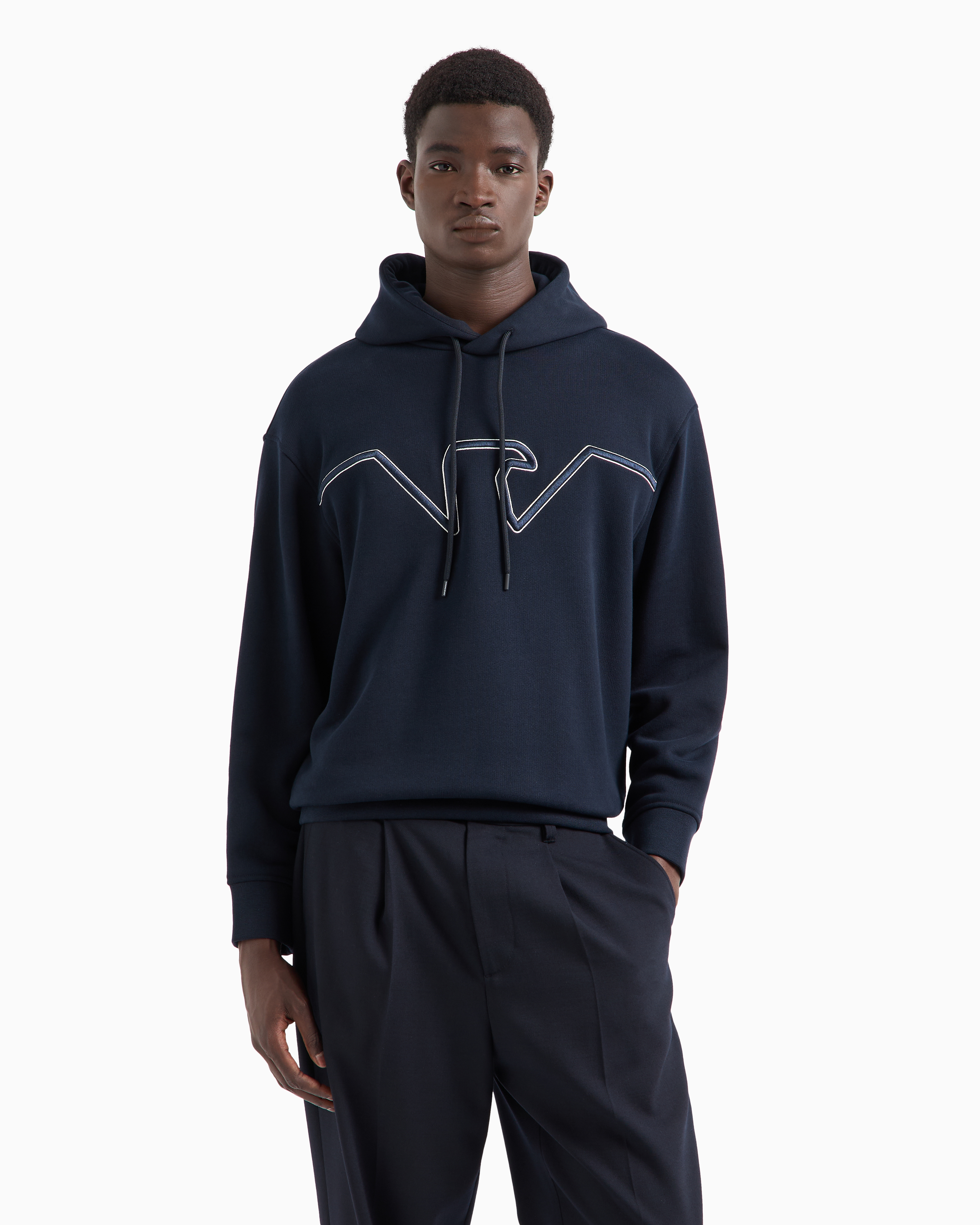 EMPORIOARMANI ロゴジップスウェットトップスミッドナイトブルー Hooded jersey sweatshirt with embossed domed logo | Emporio