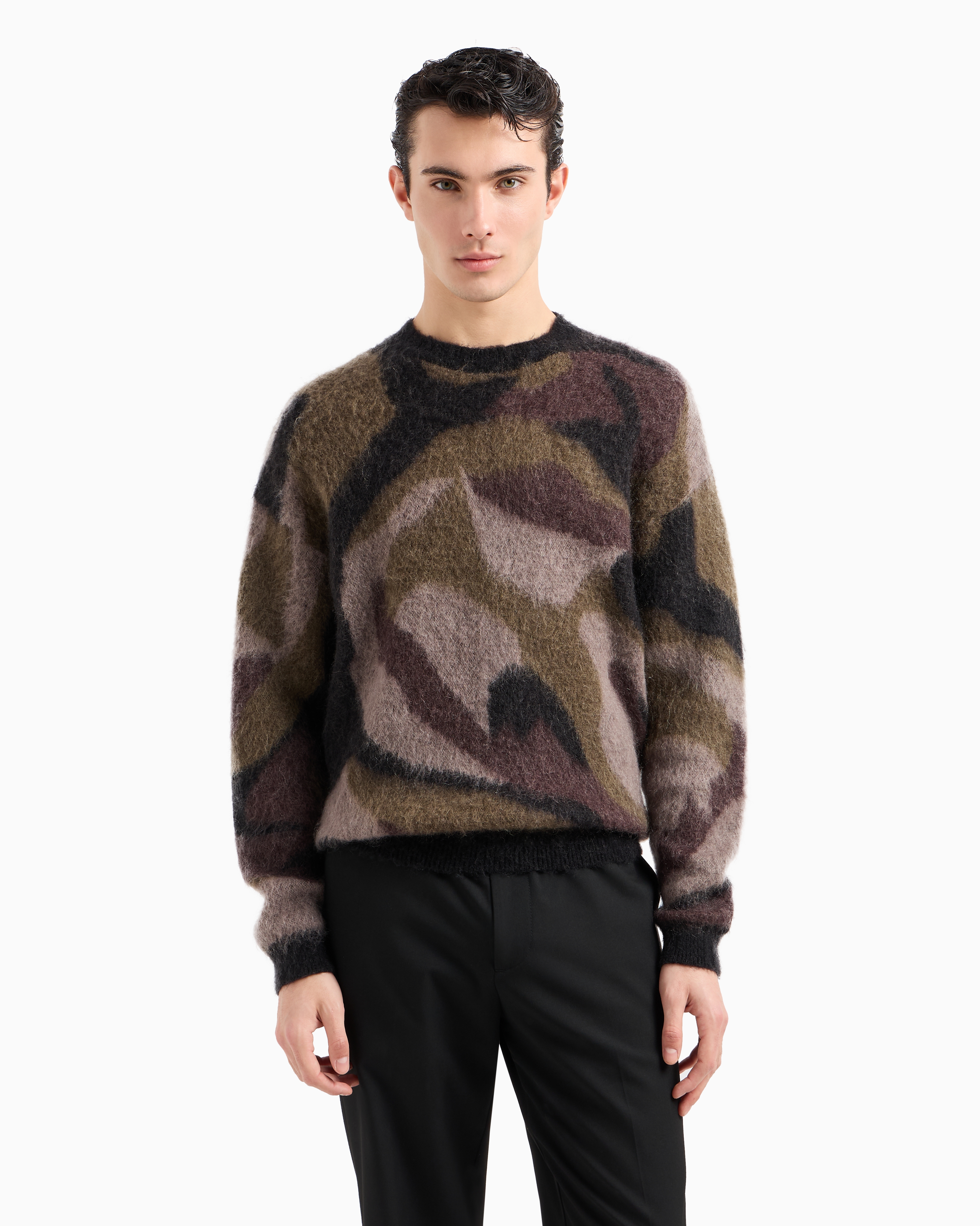 EMPORIO ARMANI CAMOUFLAGE JACQUARD MOTIF MOHAIR WOOL-BLEND JUMPER 