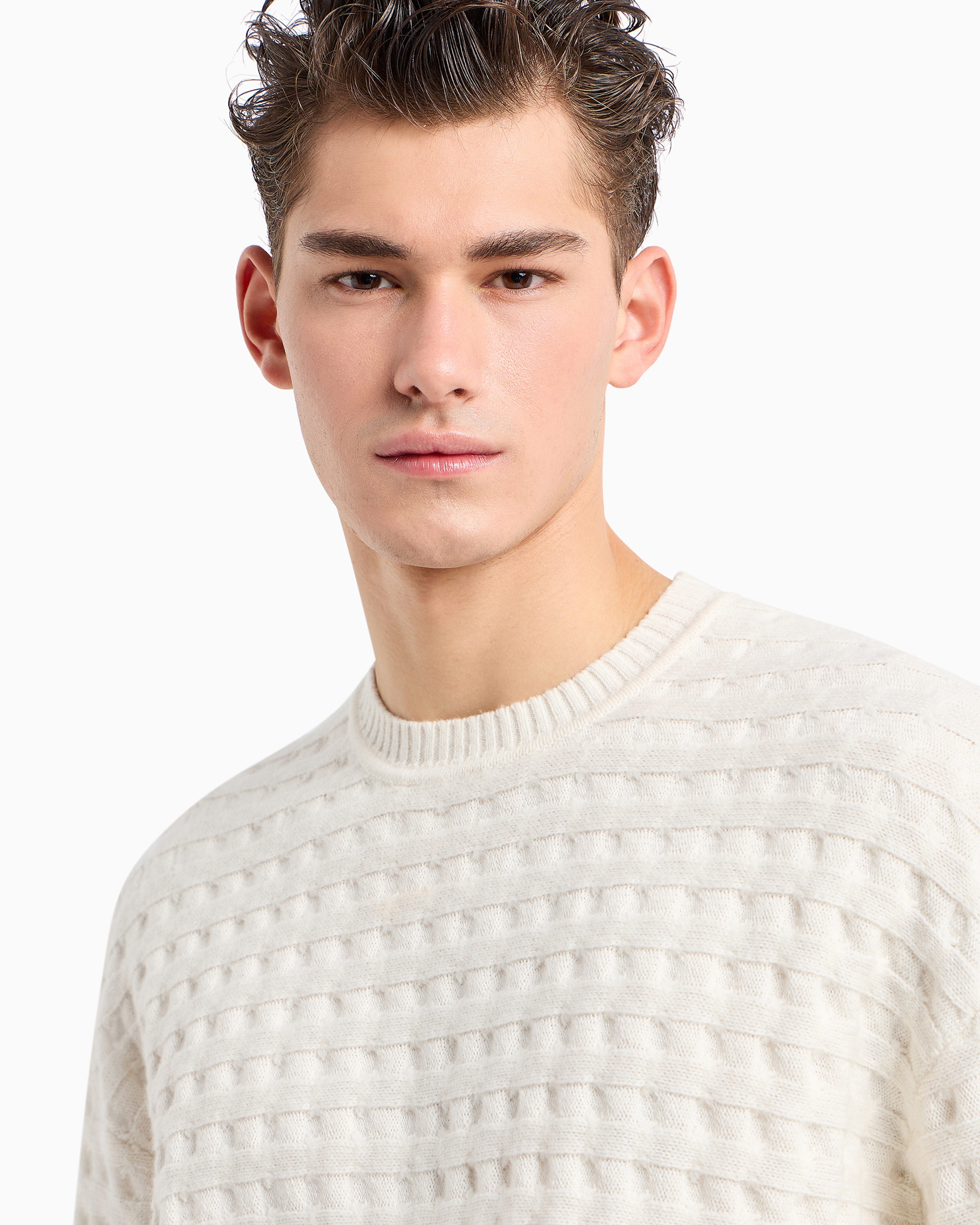 Shop Emporio Armani Virgin Wool Jumper With Embossed Jacquard Motif In White