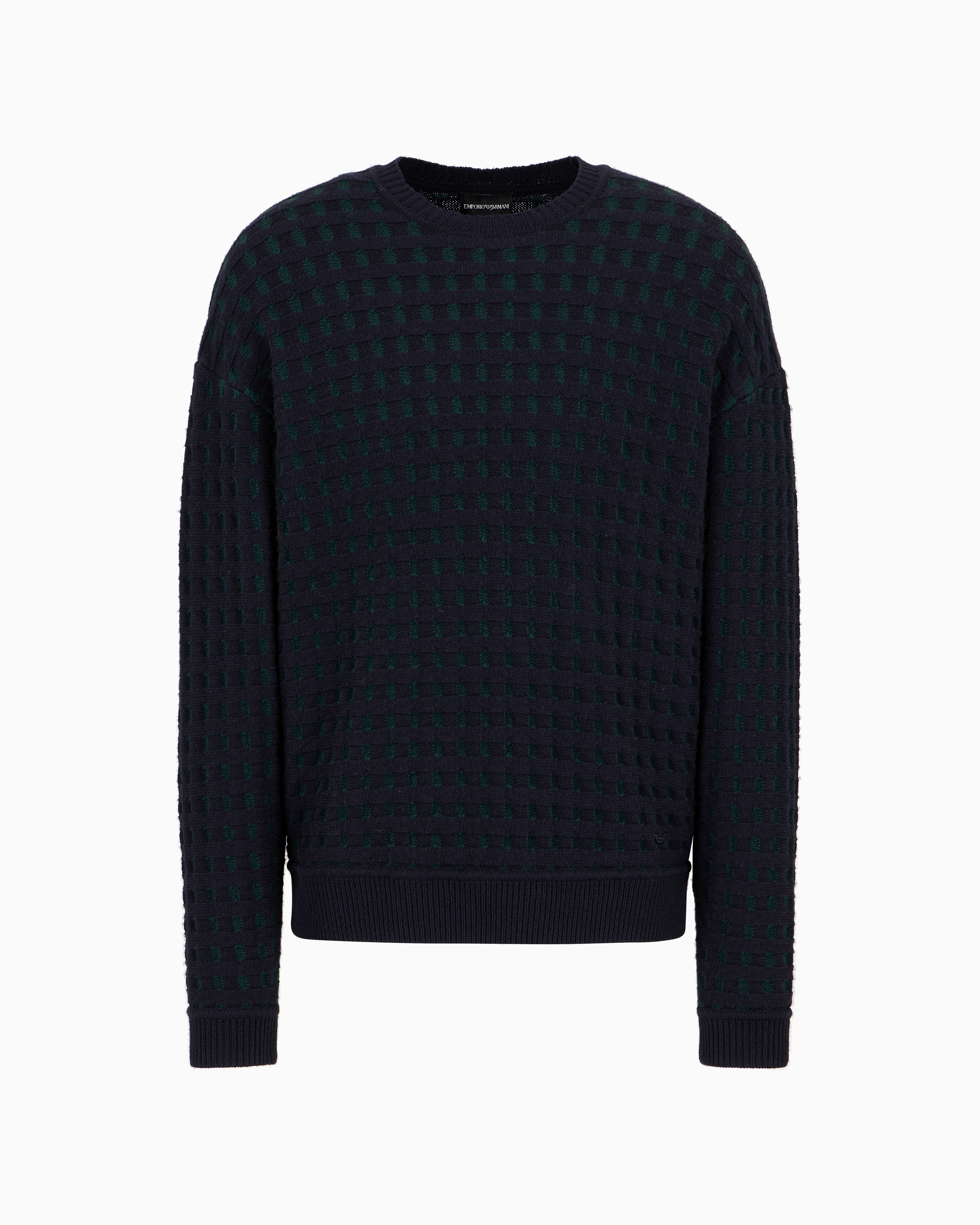 Emporio Armani Official Store Virgin Wool Jumper With Embossed Jacquard Motif In Blue