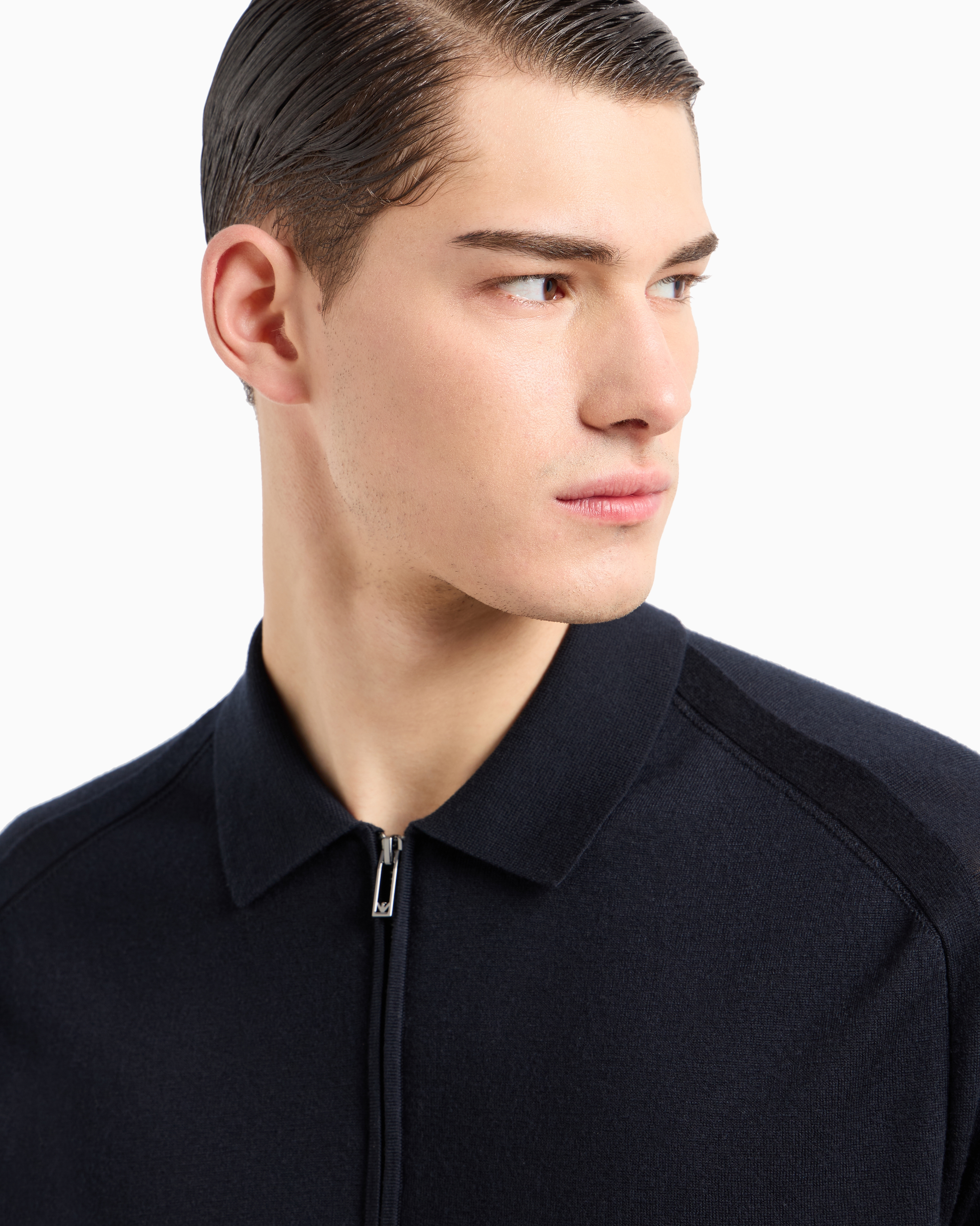 Shop Emporio Armani Asv Lyocell Blend And Virgin Wool Zip-up Polo-shirt Collar Jumper In Navy Blue