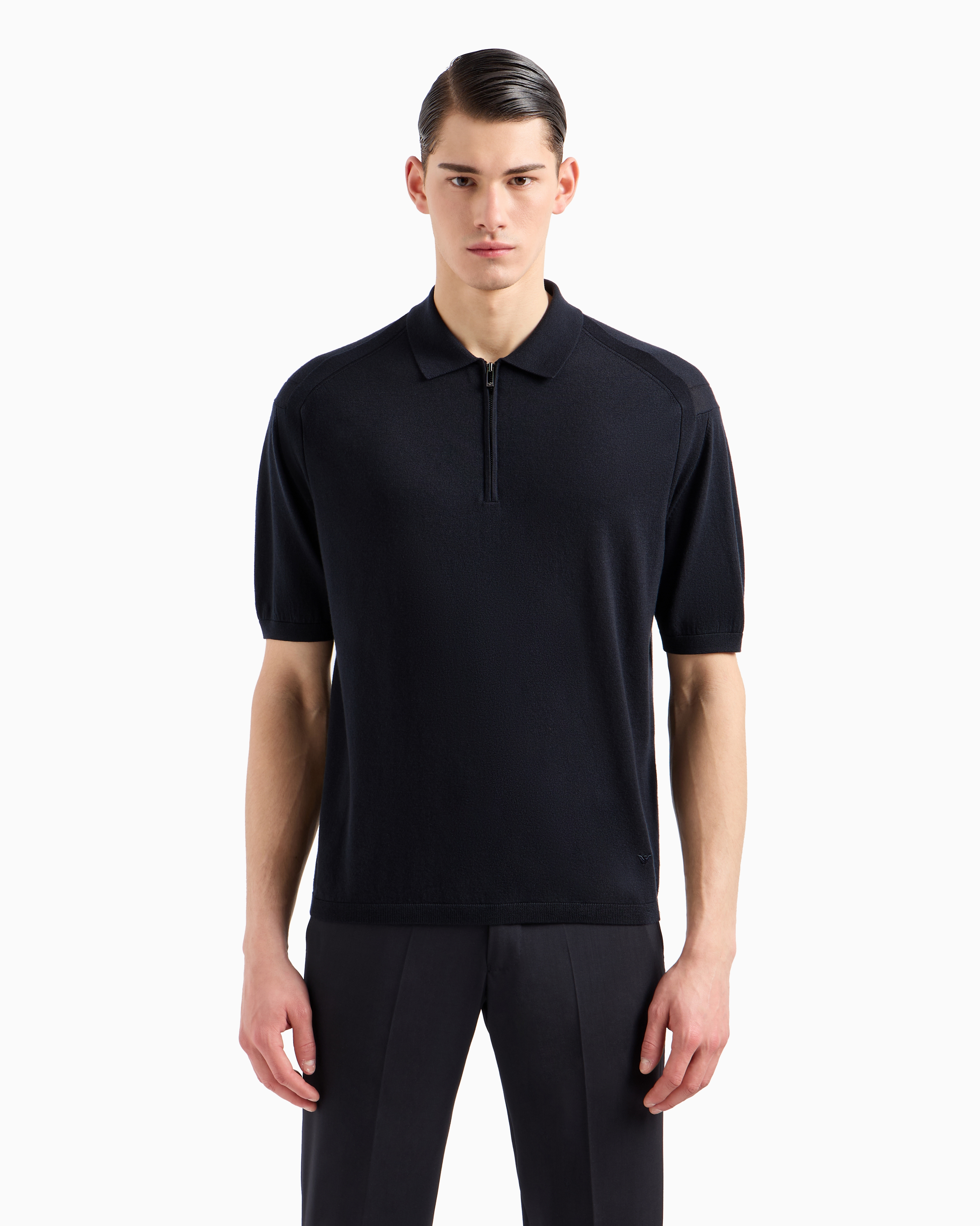 Shop Emporio Armani Asv Lyocell Blend And Virgin Wool Zip-up Polo-shirt Collar Jumper In Navy Blue