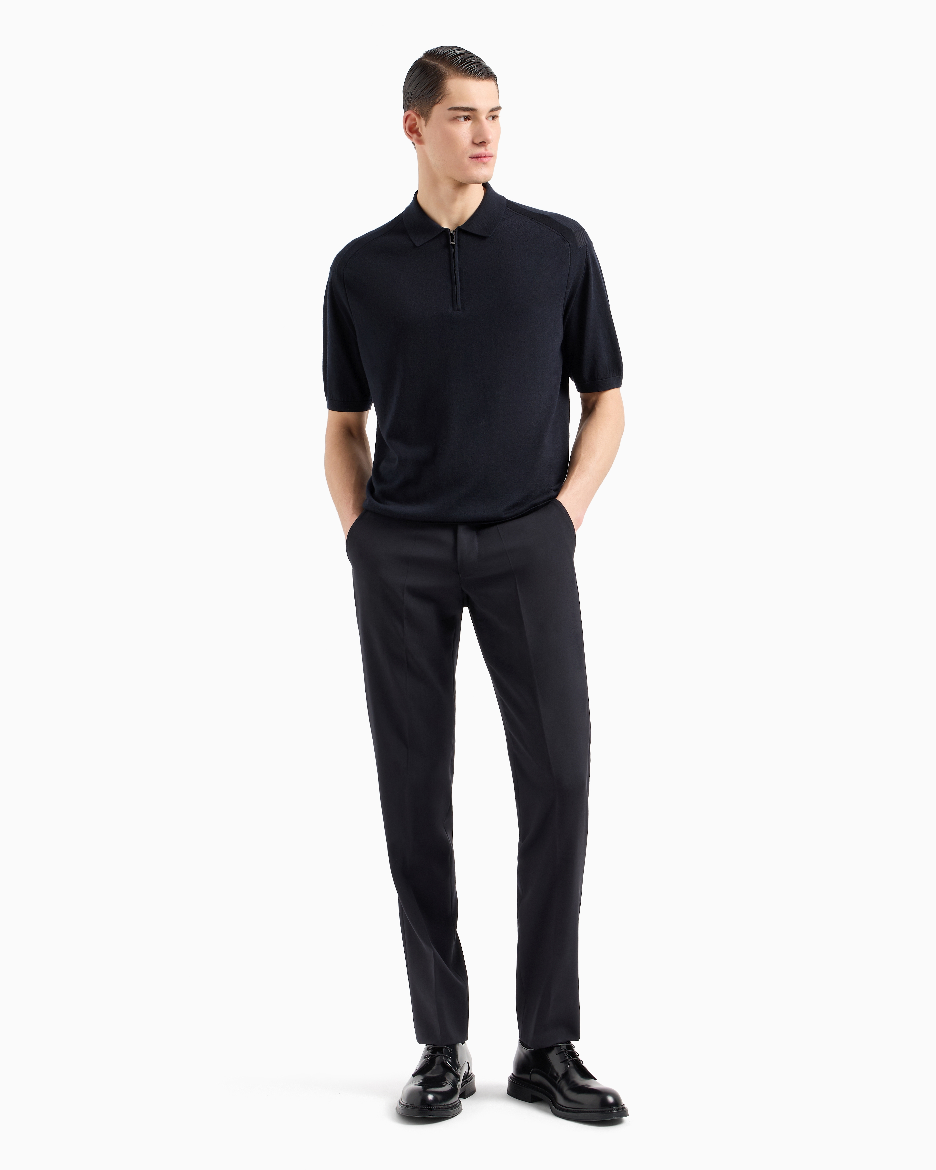 Shop Emporio Armani Asv Lyocell Blend And Virgin Wool Zip-up Polo-shirt Collar Jumper In Navy Blue