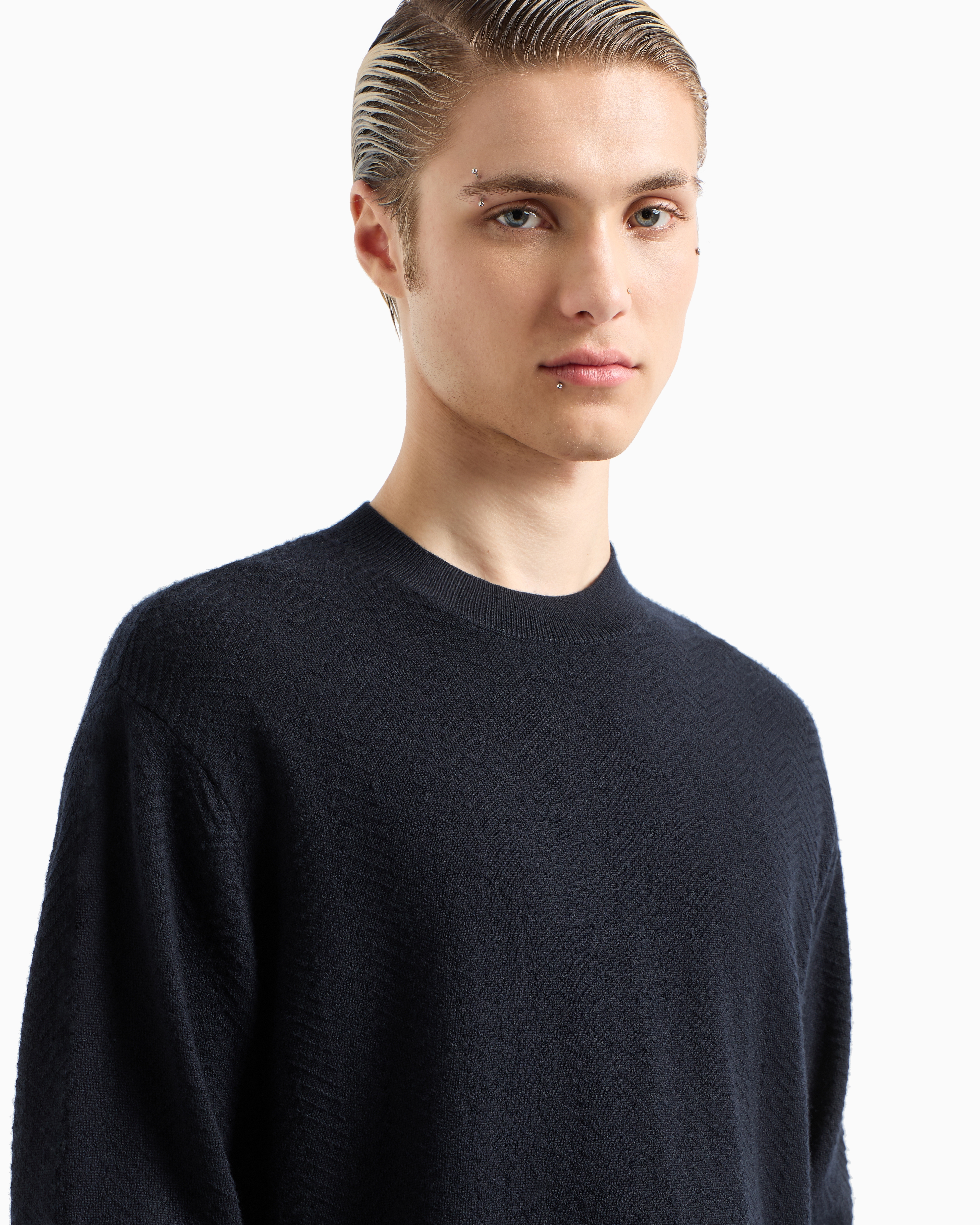 Shop Emporio Armani Mock-neck Jumper In Virgin Wool With A Micro-textured Weave In Navy Blue