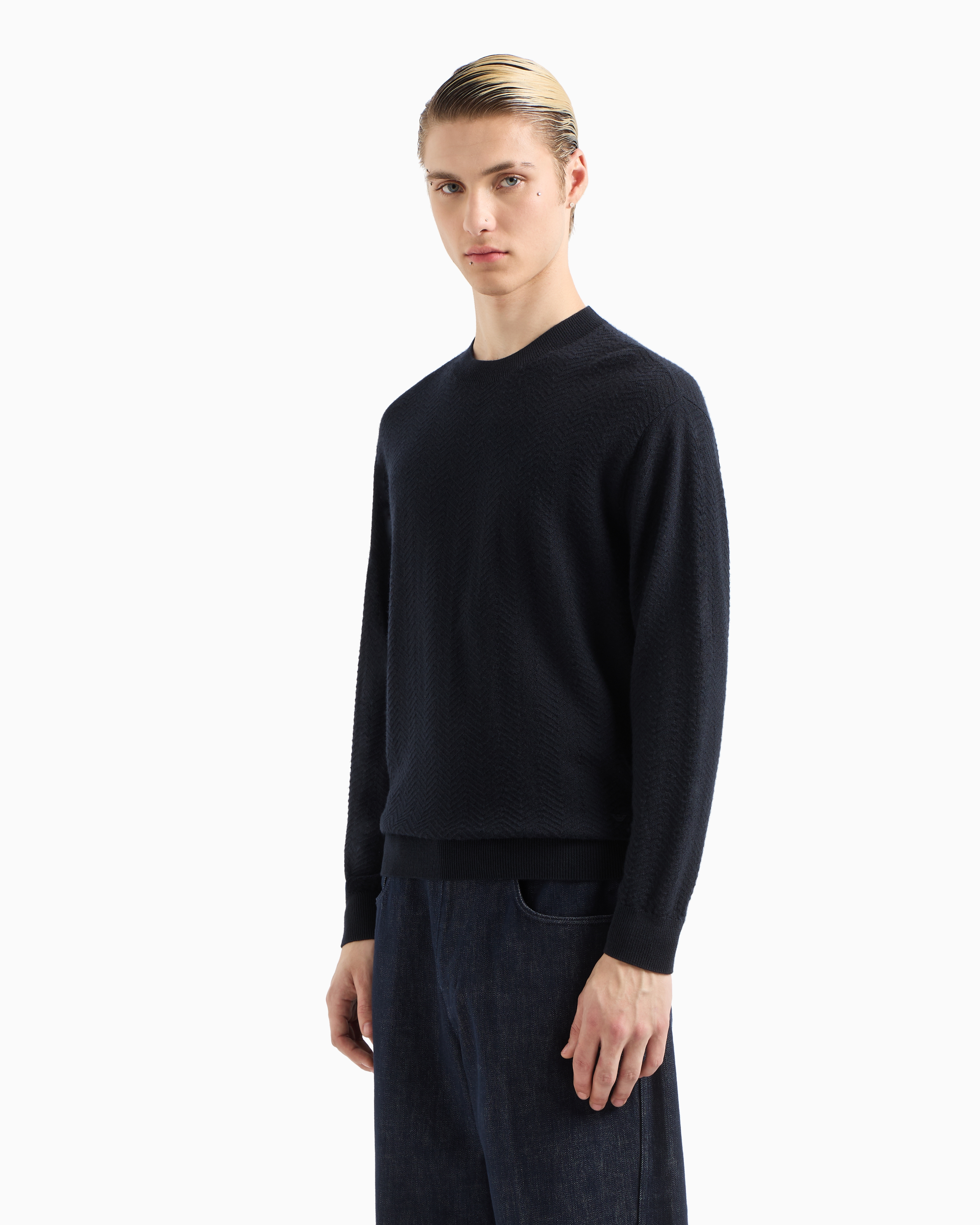 Shop Emporio Armani Mock-neck Jumper In Virgin Wool With A Micro-textured Weave In Navy Blue