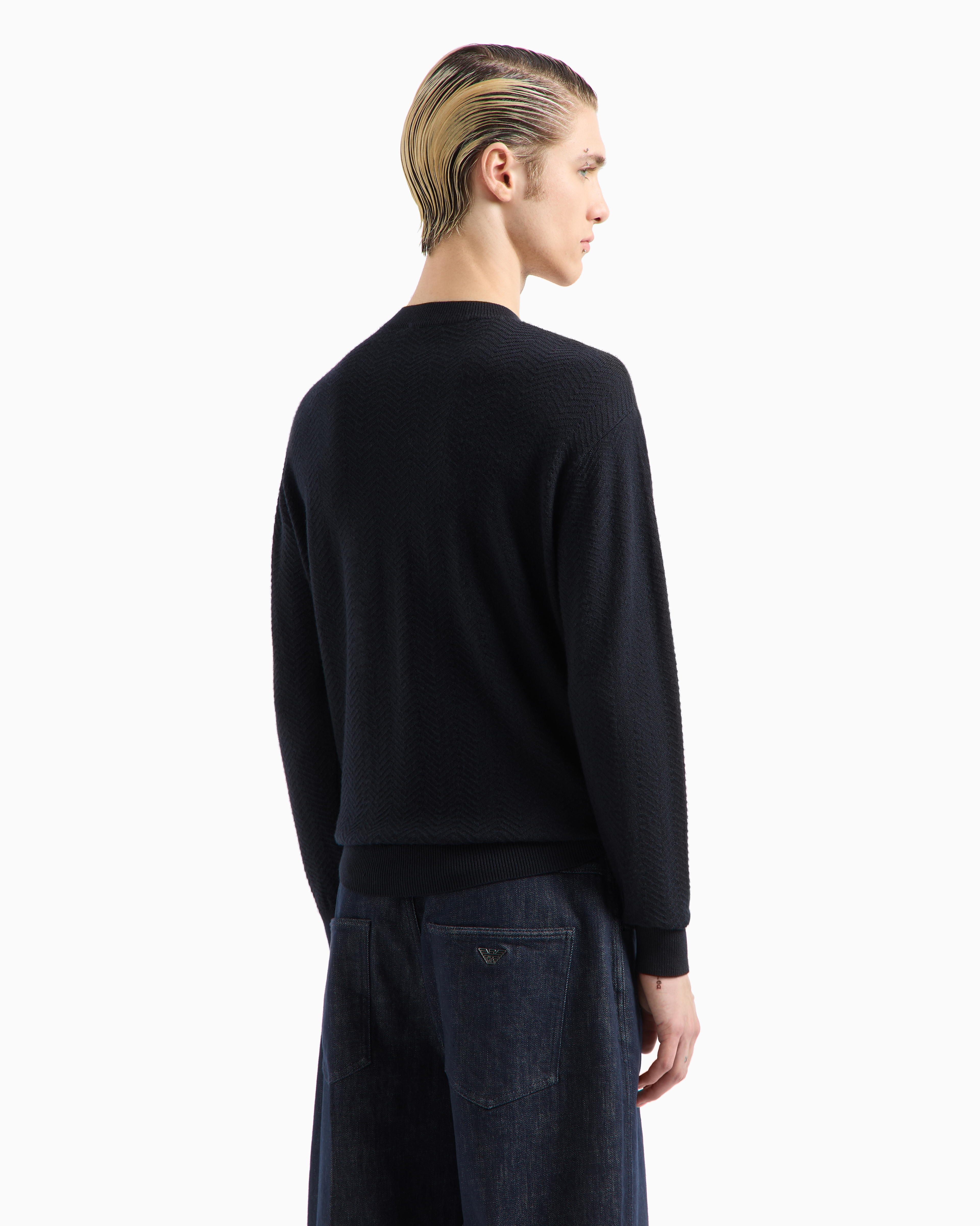 Shop Emporio Armani Mock-neck Jumper In Virgin Wool With A Micro-textured Weave In Navy Blue