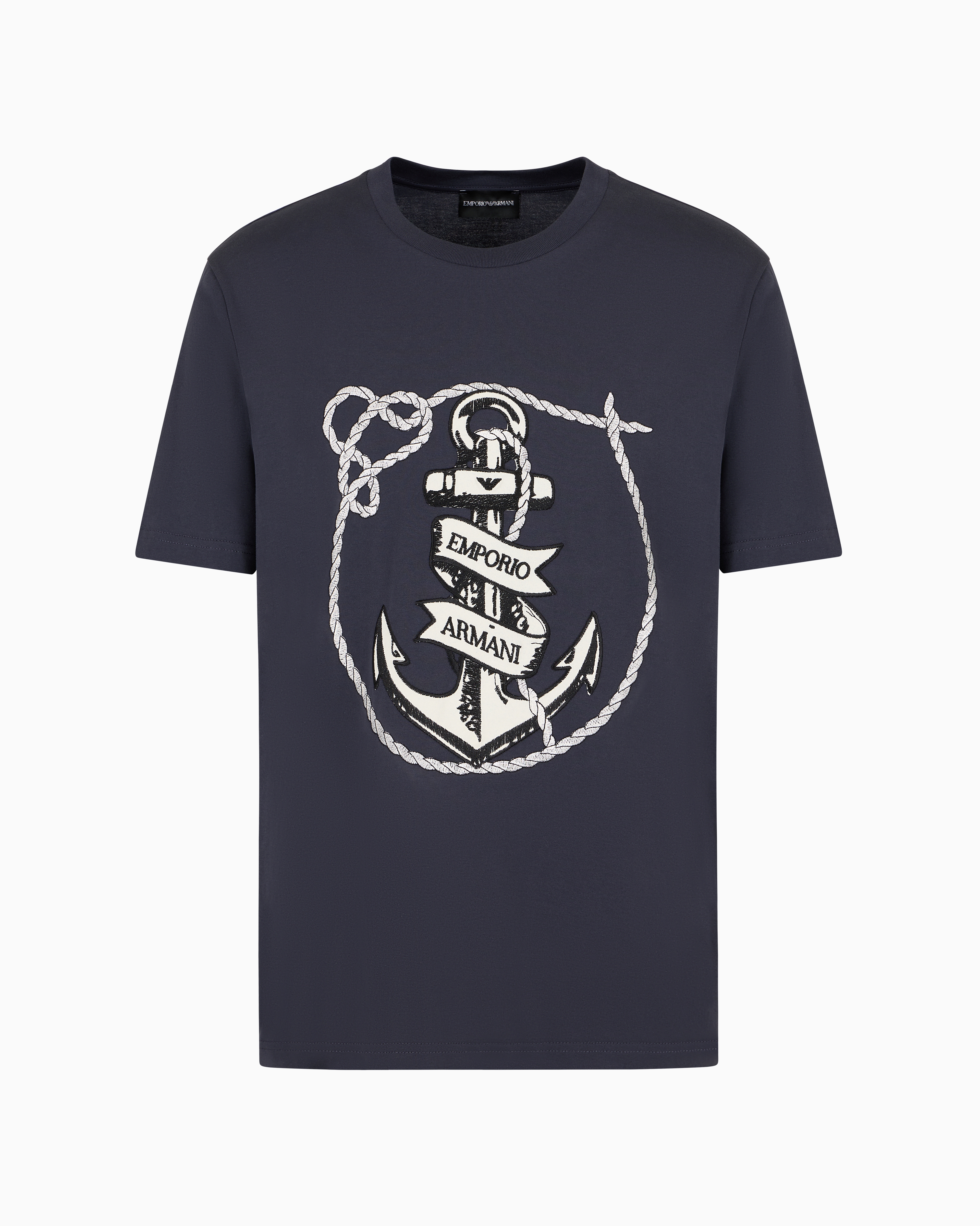 Emporio Armani Official Store Jersey T-shirt With Anchor Embroidery And Asv Logo In Navy Blue