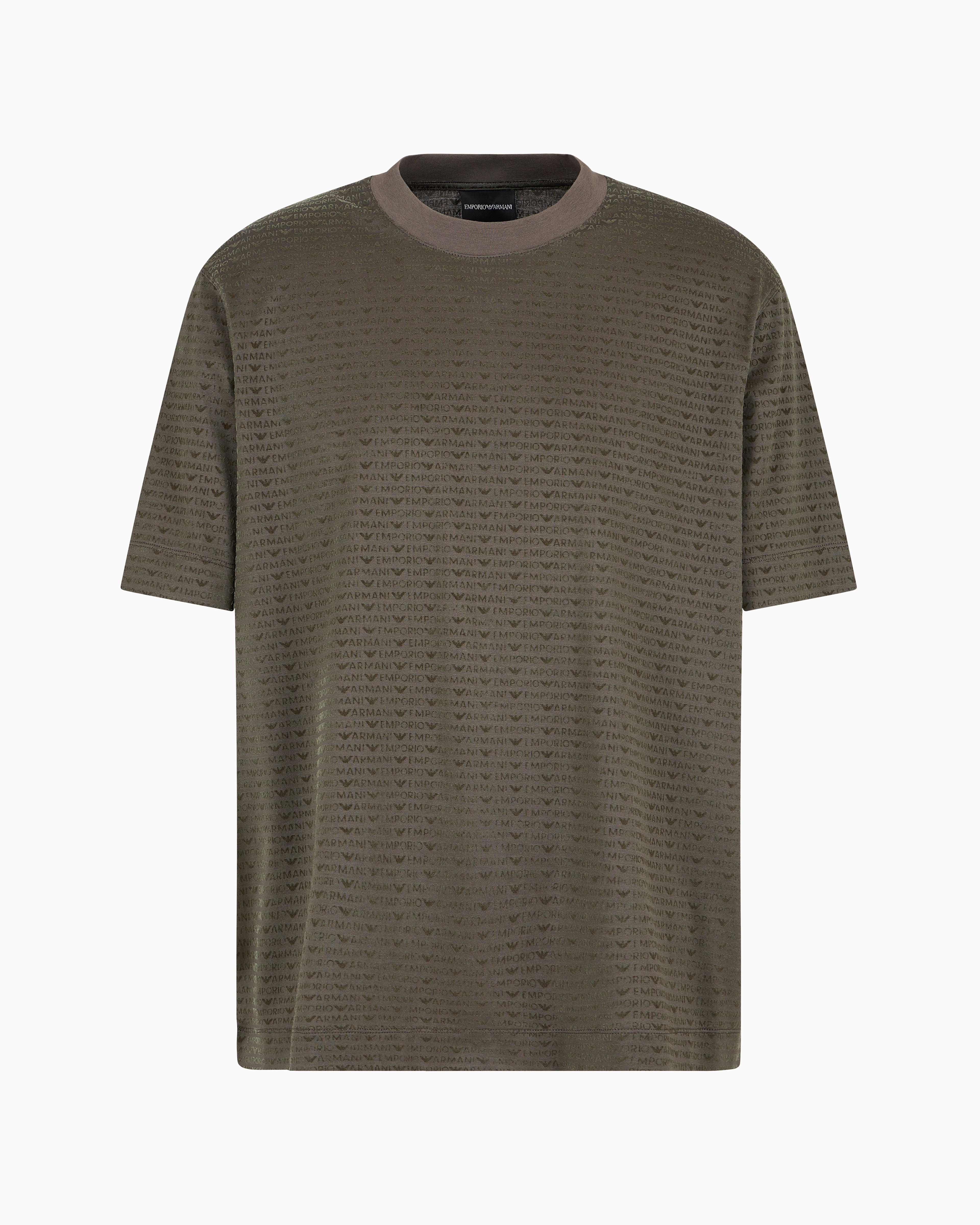 Emporio Armani Official Store Asv Lyocell-blend Jersey T-shirt With All-over Flocked Logo Lettering In Vert Militaire