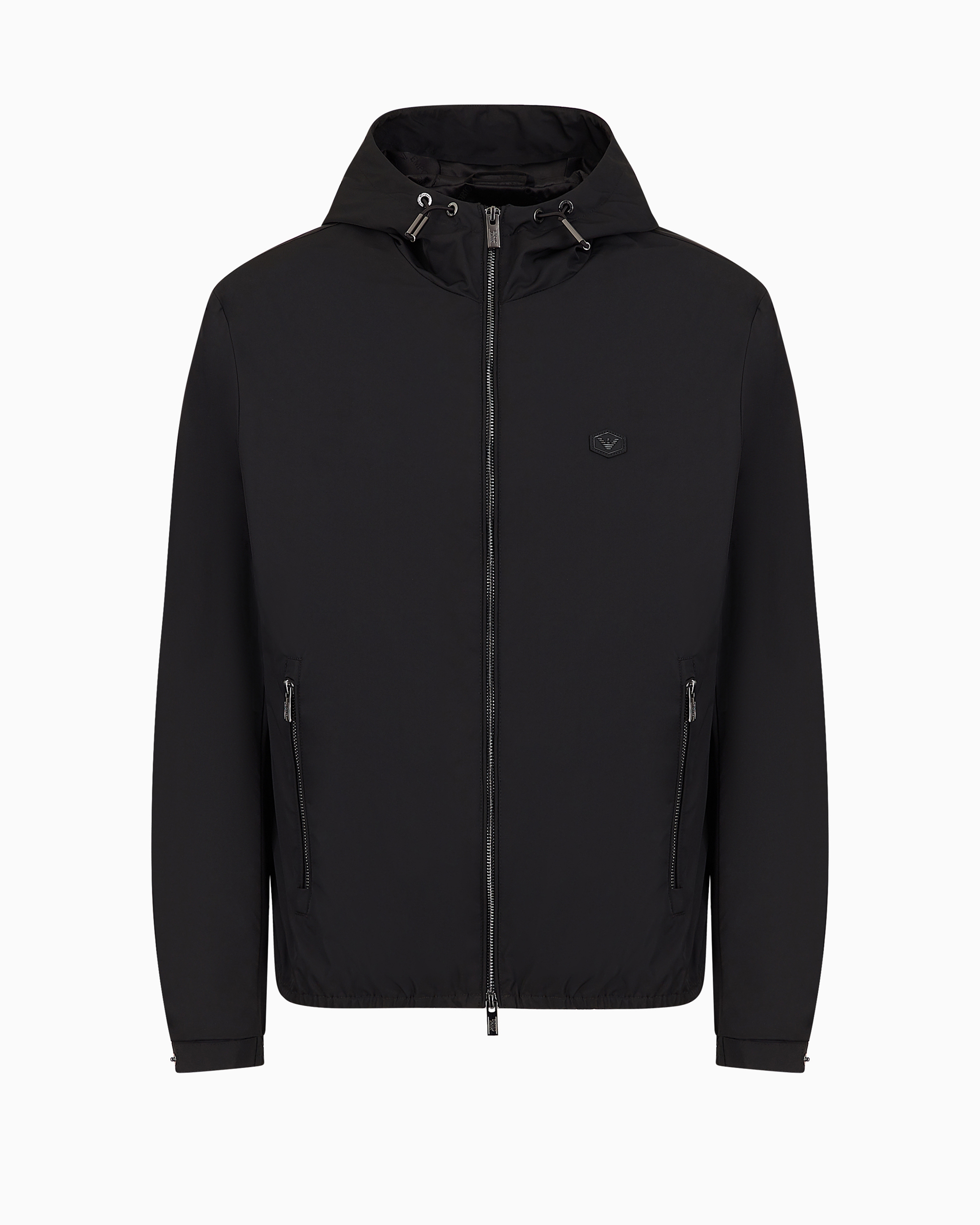 Emporio Armani Hooded, Water-repellent Nylon Blouson With Logo Patch In Black