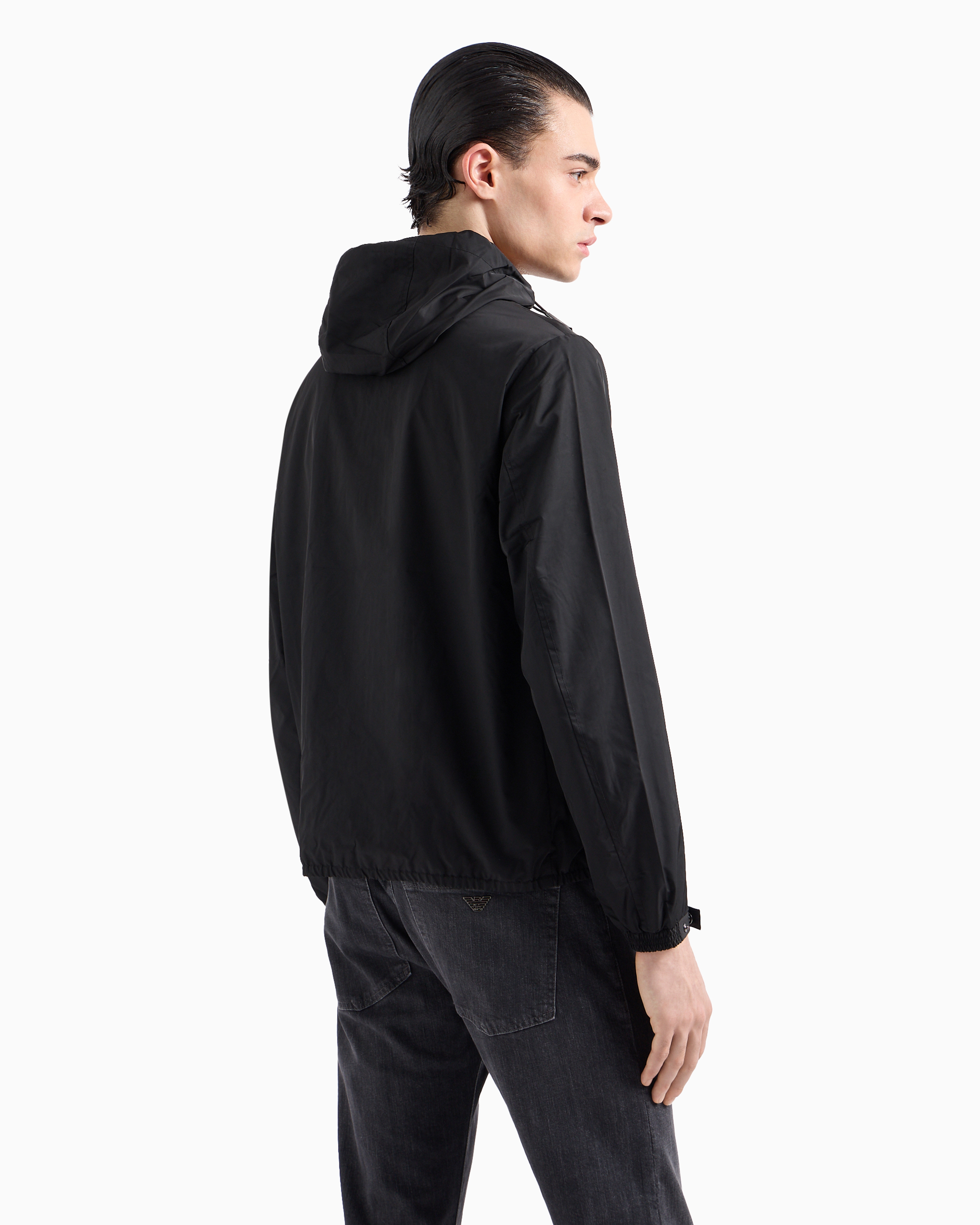 Emporio Armani Hooded, Water-repellent Nylon Blouson With Logo Patch In Black