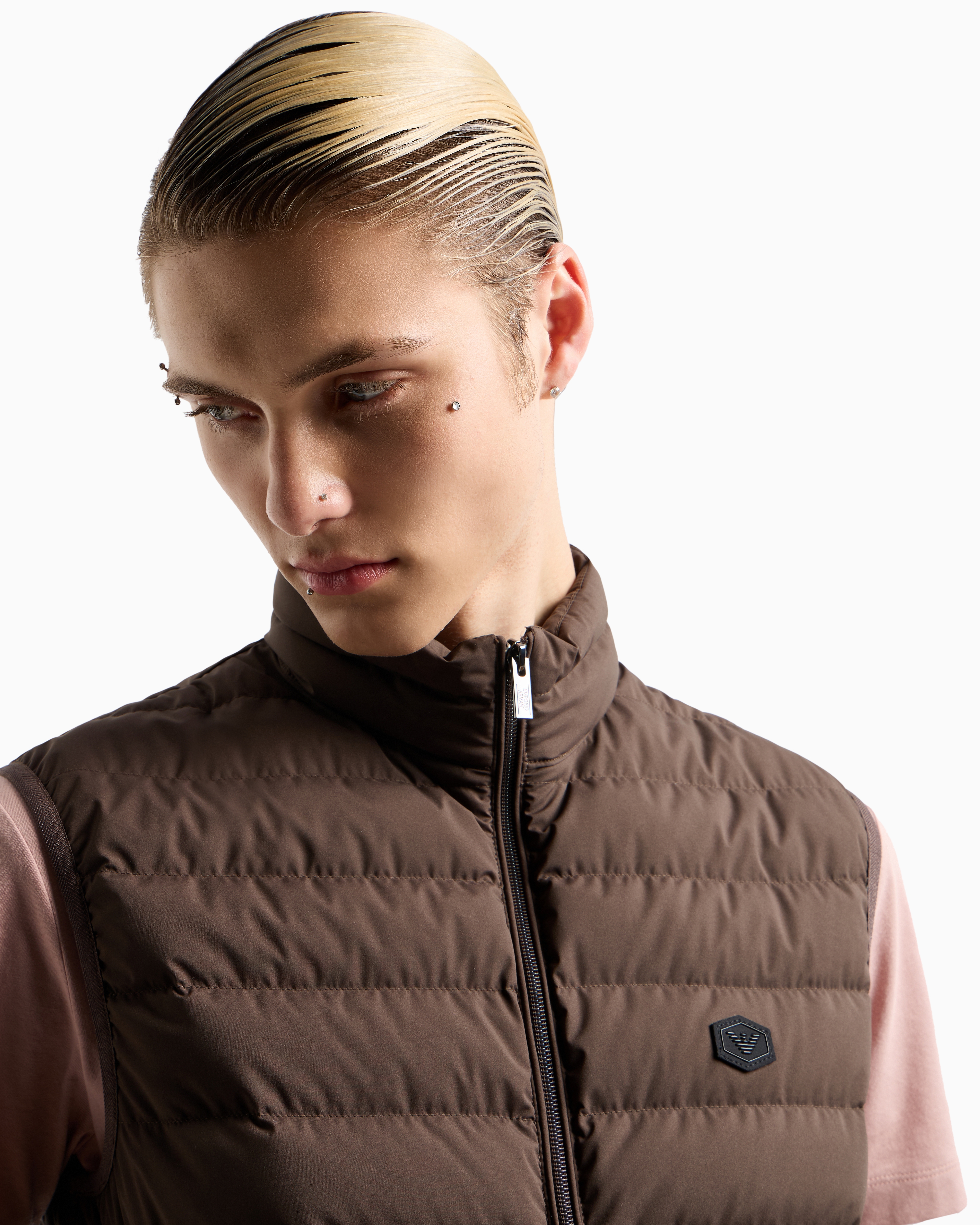 Shop Emporio Armani Sleeveless Full-zip Down Jacket In Quilted Nylon With Eagle Logo Patch In Military Green