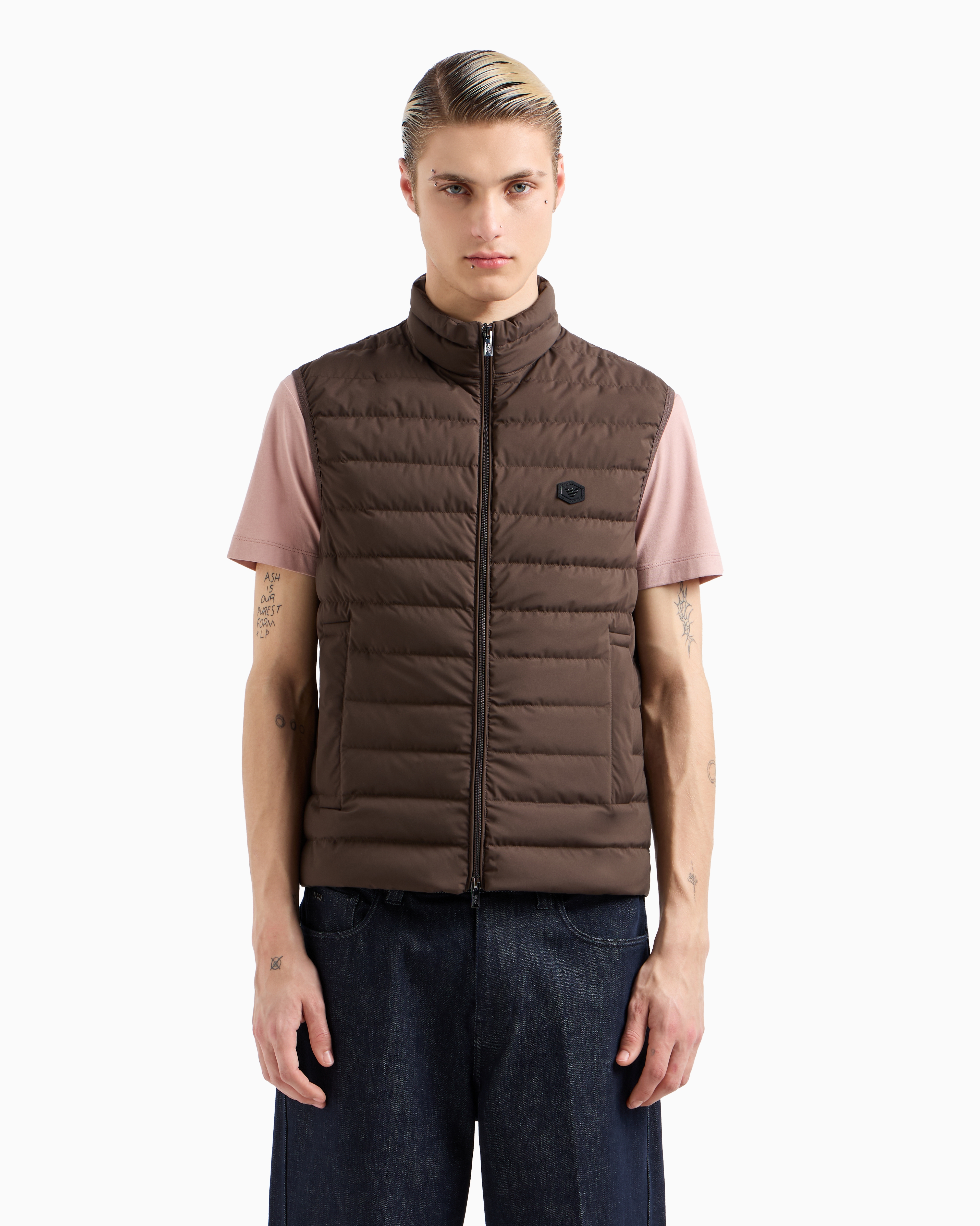 Shop Emporio Armani Sleeveless Full-zip Down Jacket In Quilted Nylon With Eagle Logo Patch In Military Green