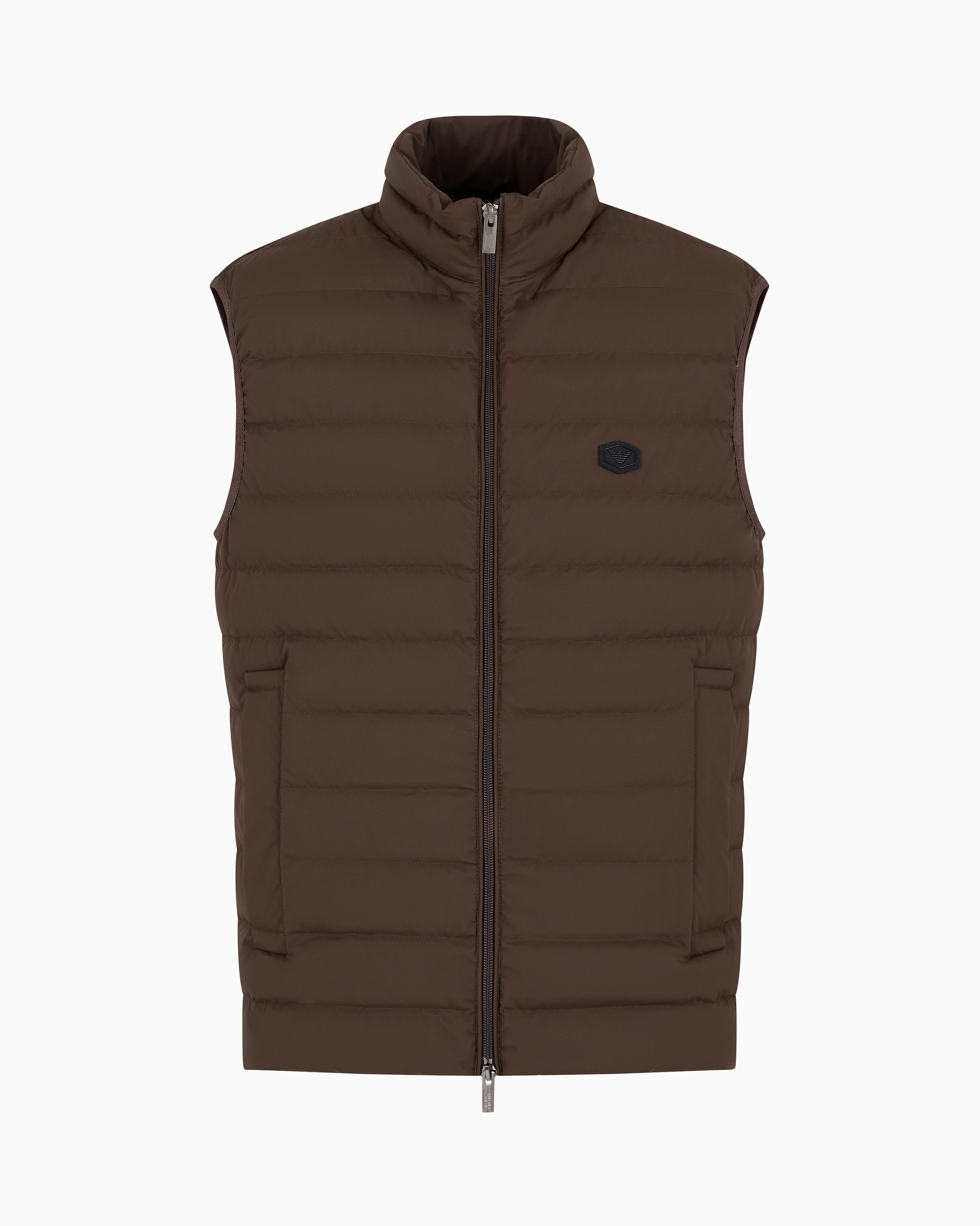 Emporio Armani Official Store Sleeveless Full-zip Down Jacket In Quilted Nylon With Eagle Logo Patch In Military Green