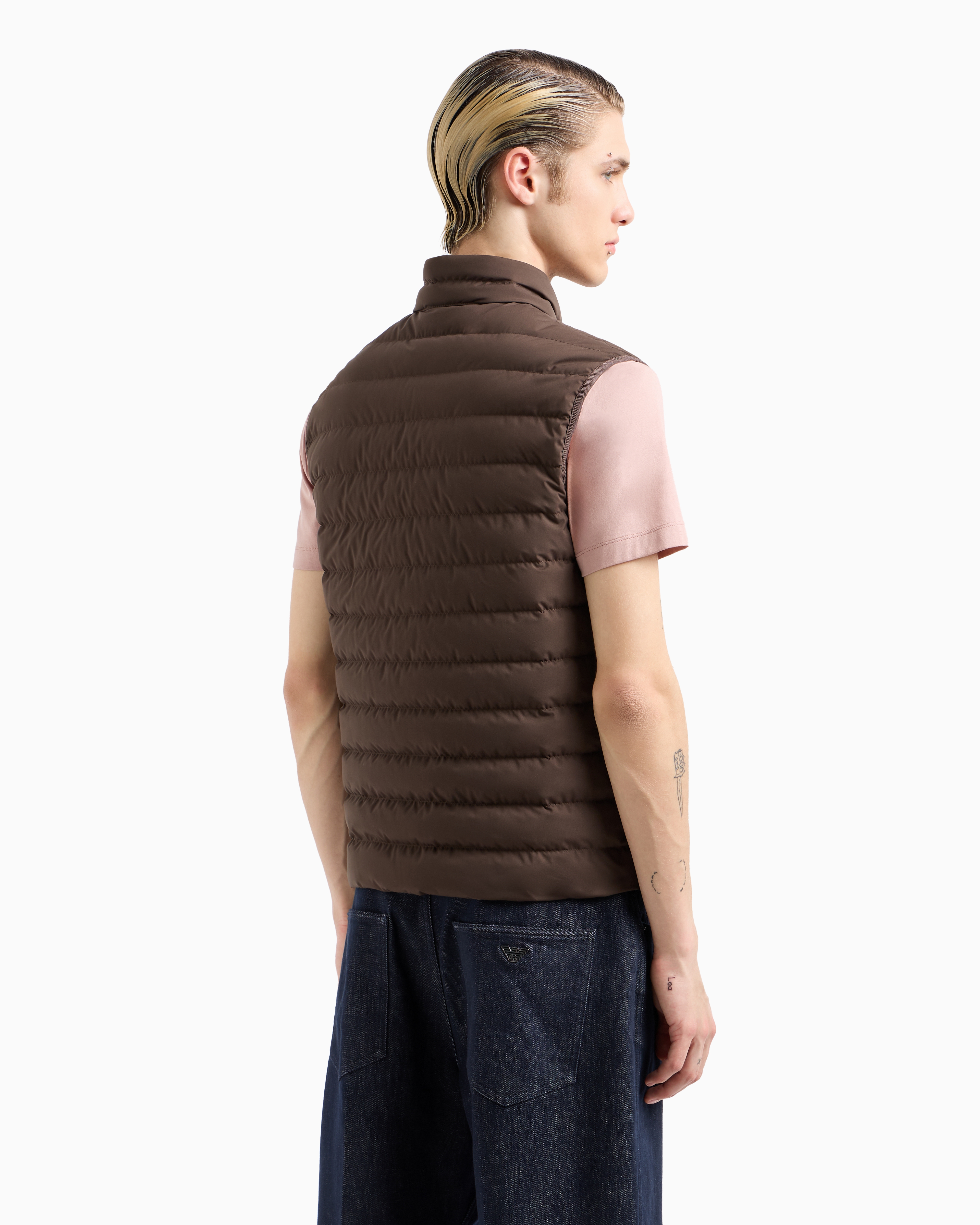 Shop Emporio Armani Sleeveless Full-zip Down Jacket In Quilted Nylon With Eagle Logo Patch In Military Green