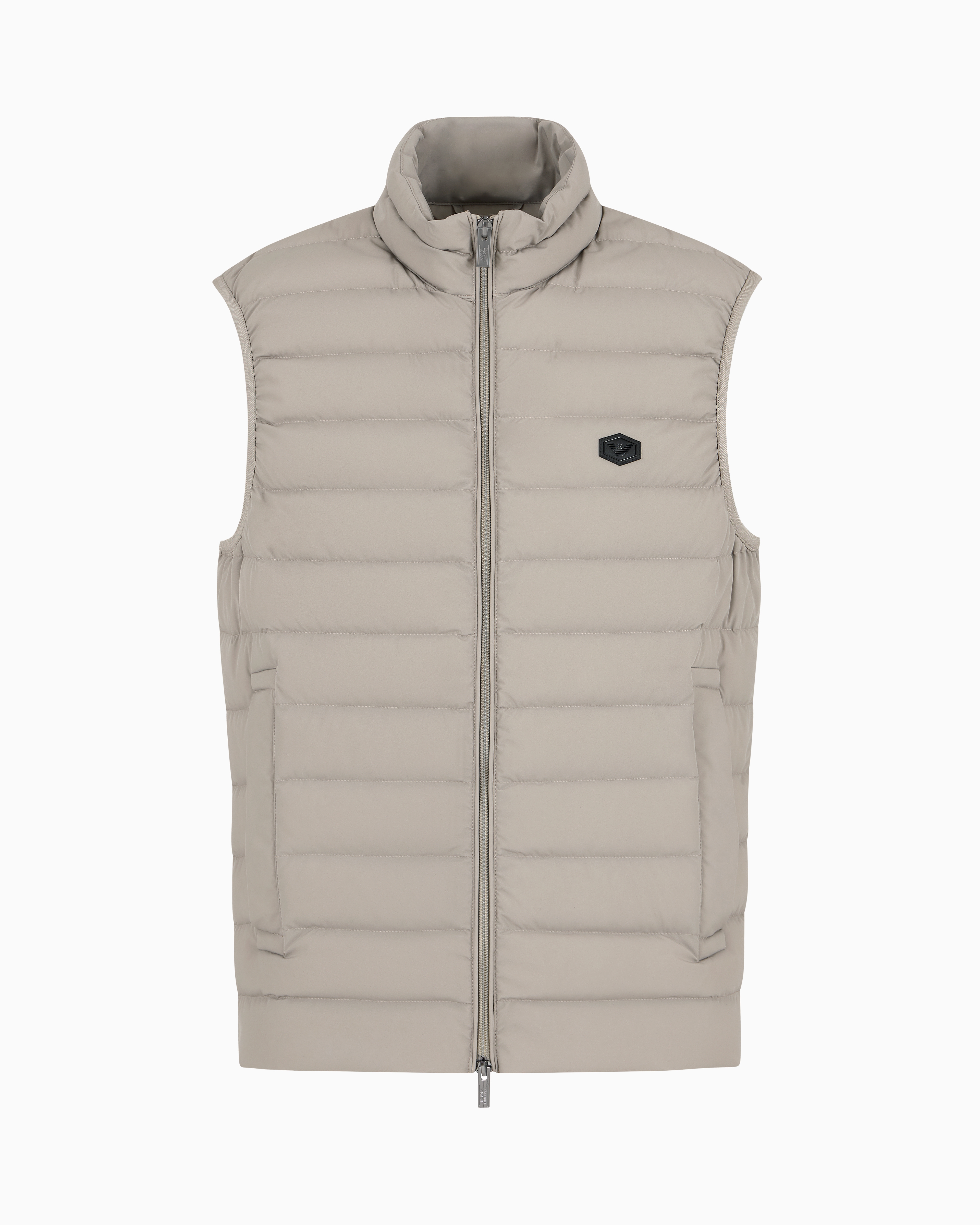 Emporio Armani Official Store Sleeveless Full-zip Down Jacket In Quilted Nylon With Eagle Logo Patch In Beige