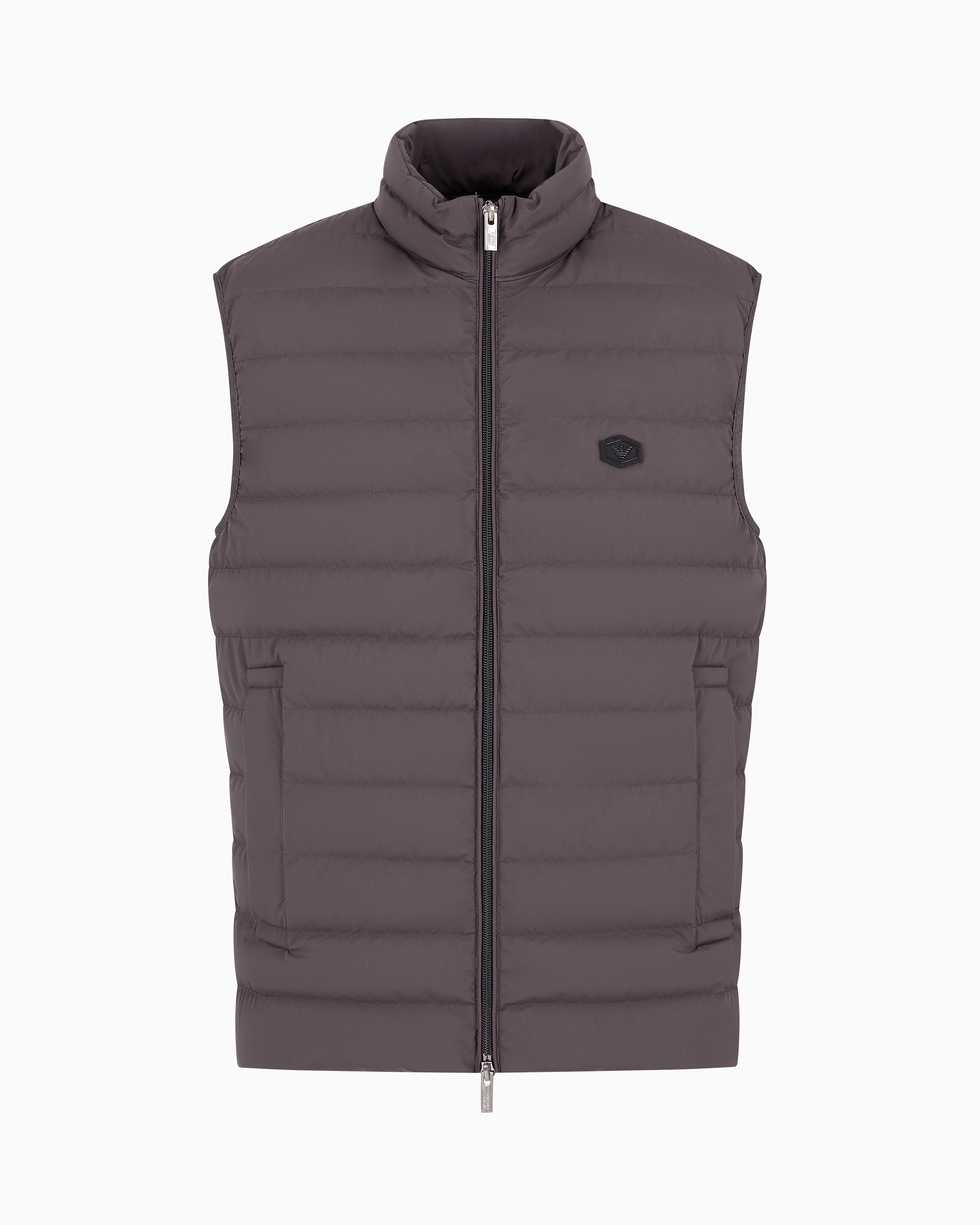 Emporio Armani Official Store Sleeveless Full-zip Down Jacket In Quilted Nylon With Eagle Logo Patch In Gray