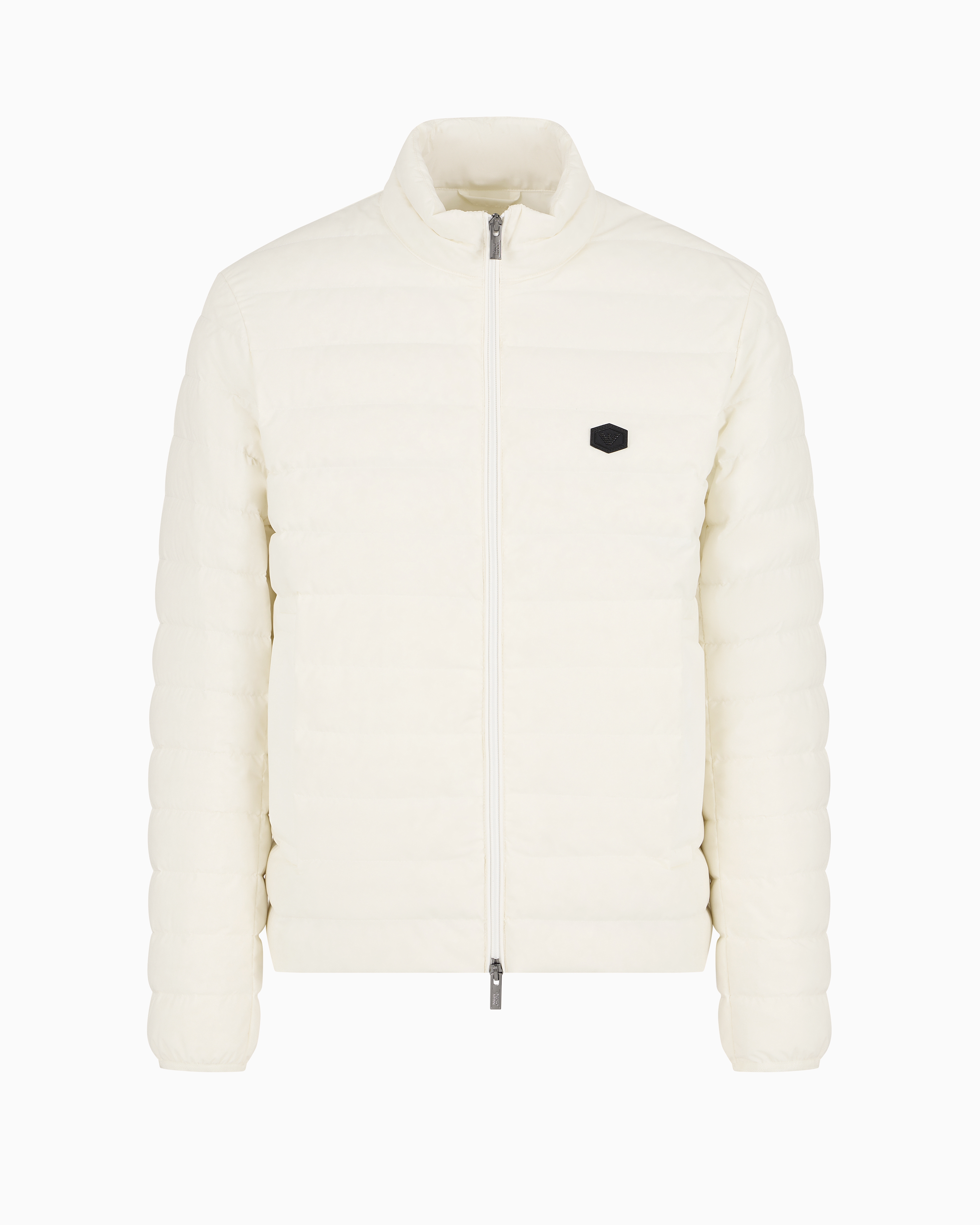 Emporio Armani Official Store Quilted Nylon Full-zip Down Jacket With Eagle Logo Patch In Milky White