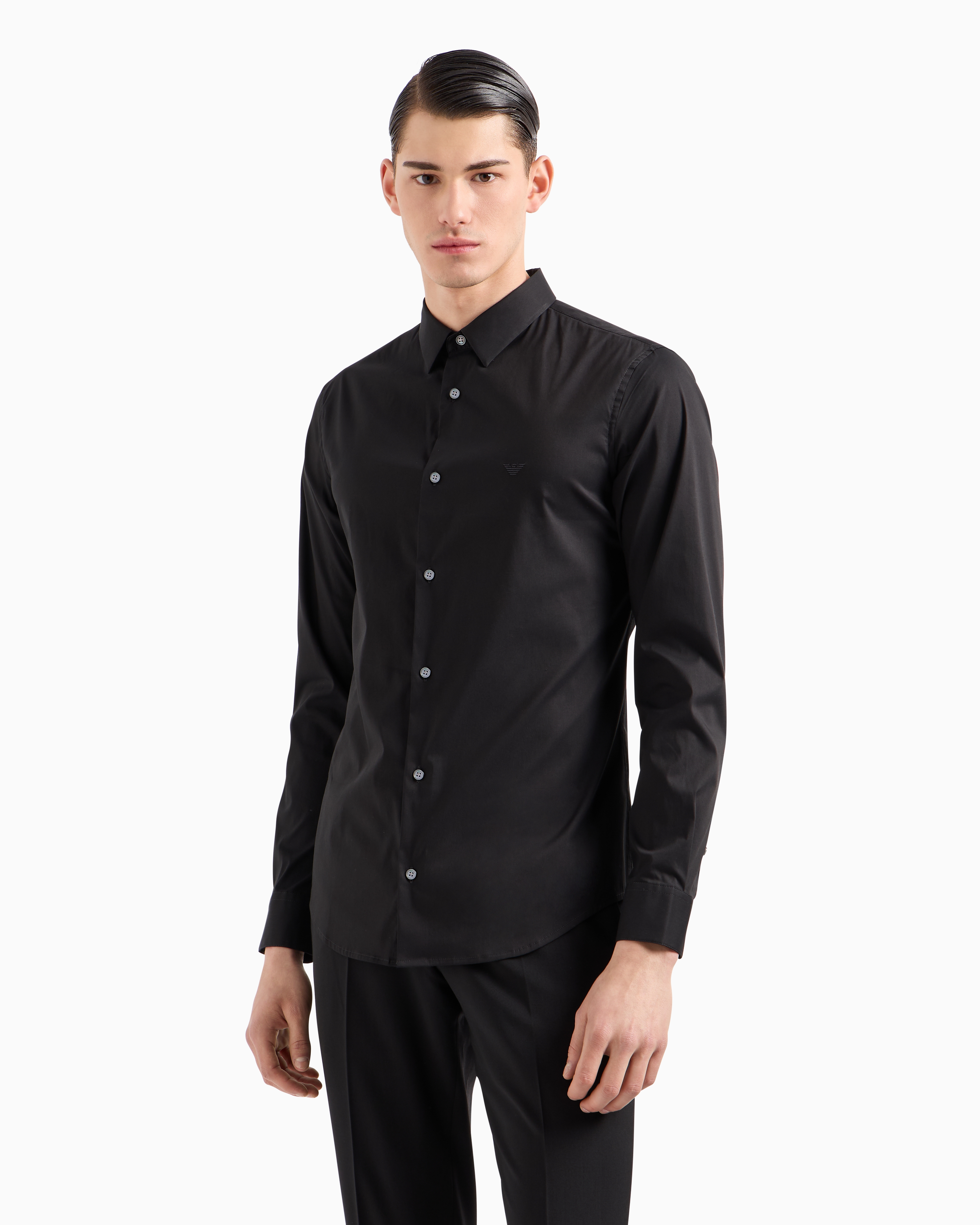 Emporio Armani Stretch Nylon-blend Shirt With Embroidered Eagle In Black