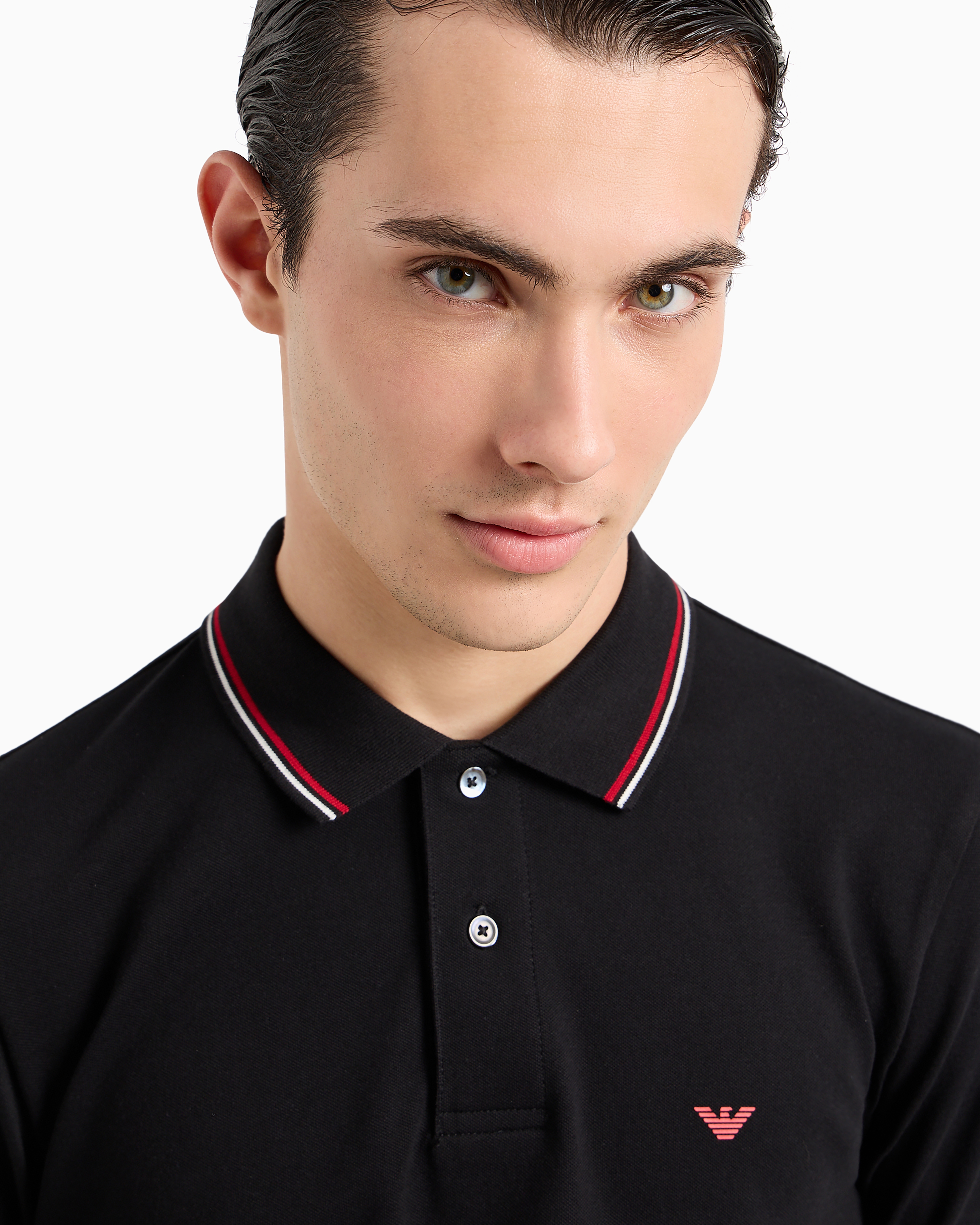 Emporio Armani Black Long Sleeve Polo Shirt With Logo Embroidery In Stretch Cotton Man In Black