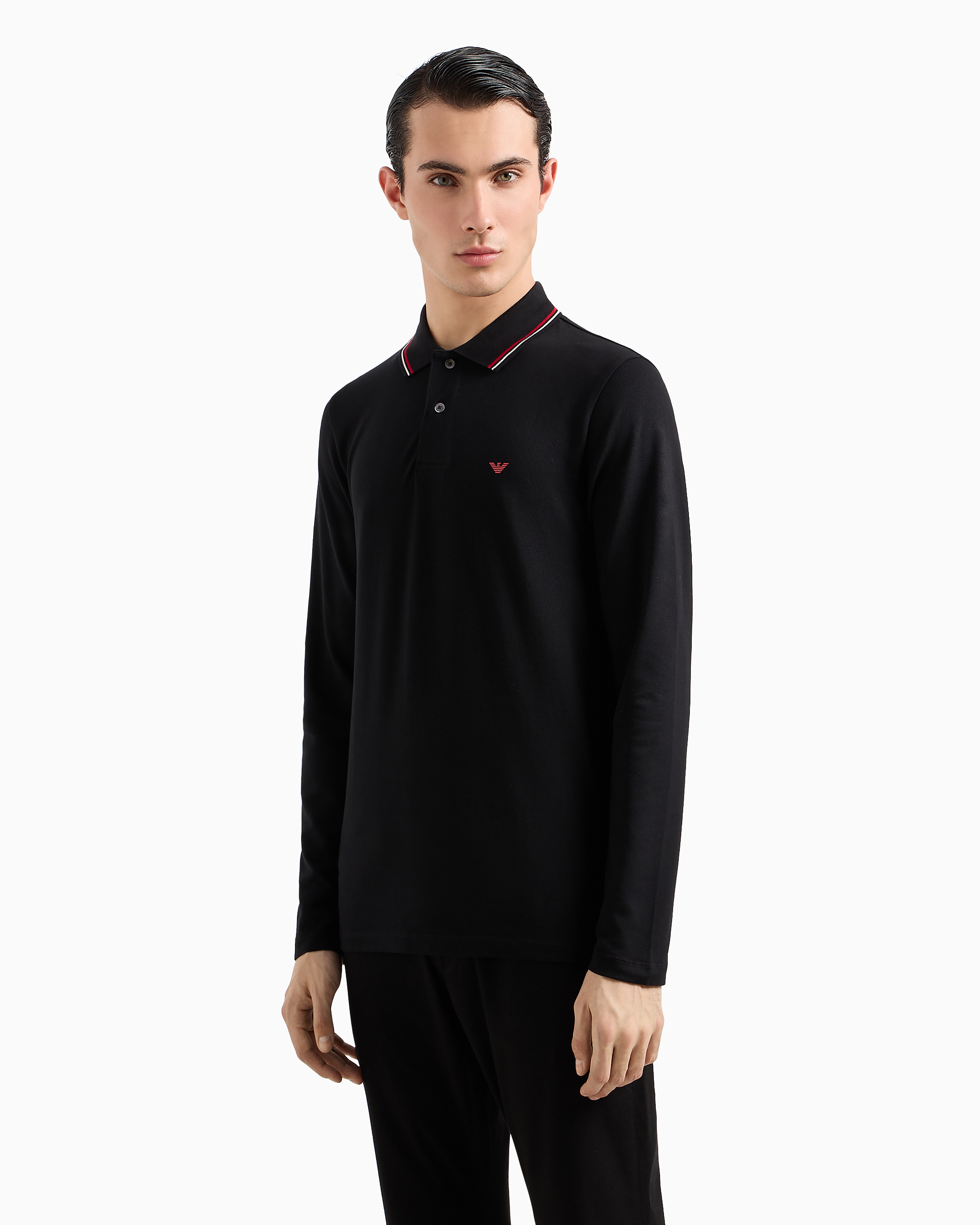 Emporio Armani Black Long Sleeve Polo Shirt With Logo Embroidery In Stretch Cotton Man In Black