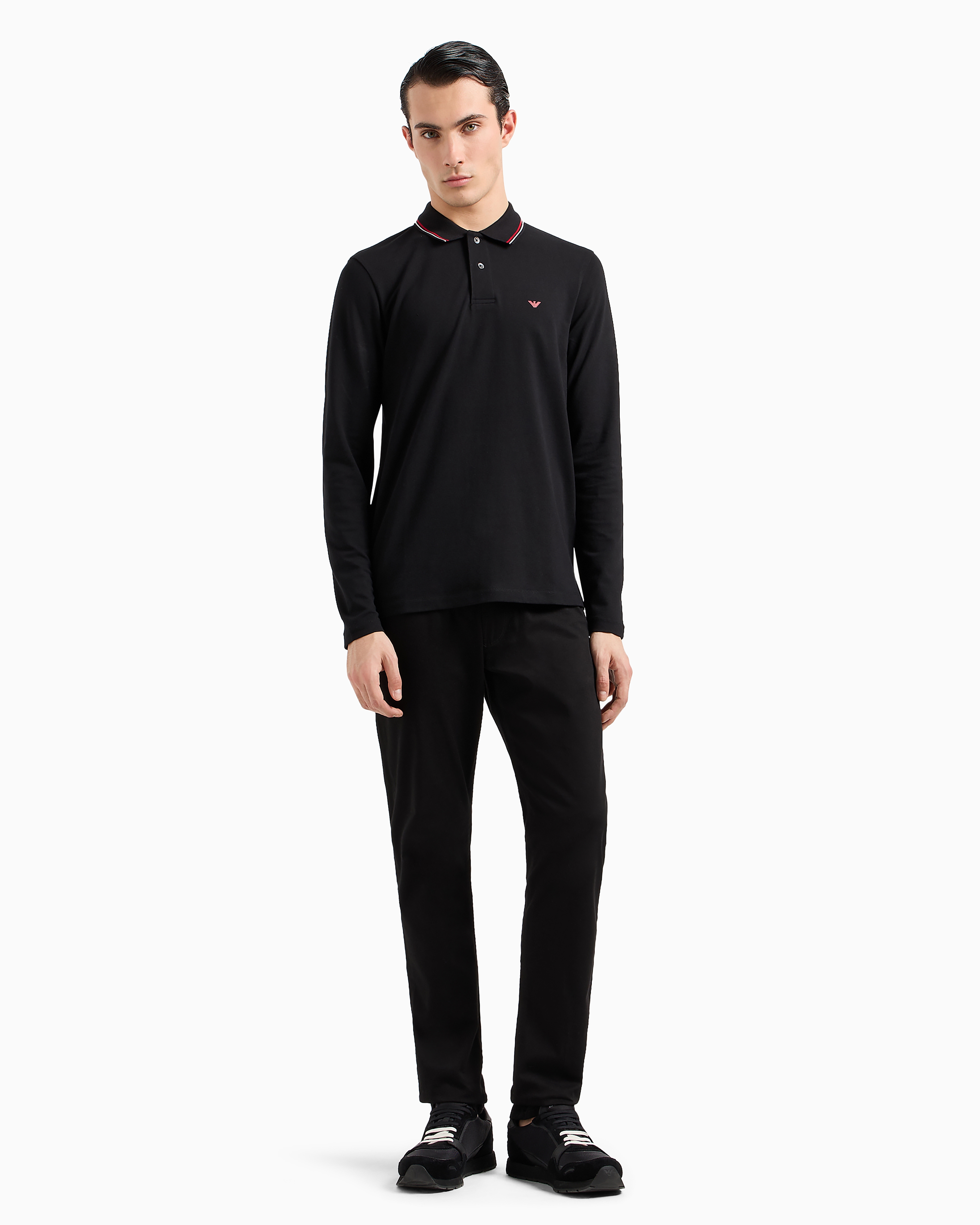 Emporio Armani Black Long Sleeve Polo Shirt With Logo Embroidery In Stretch Cotton Man In Black