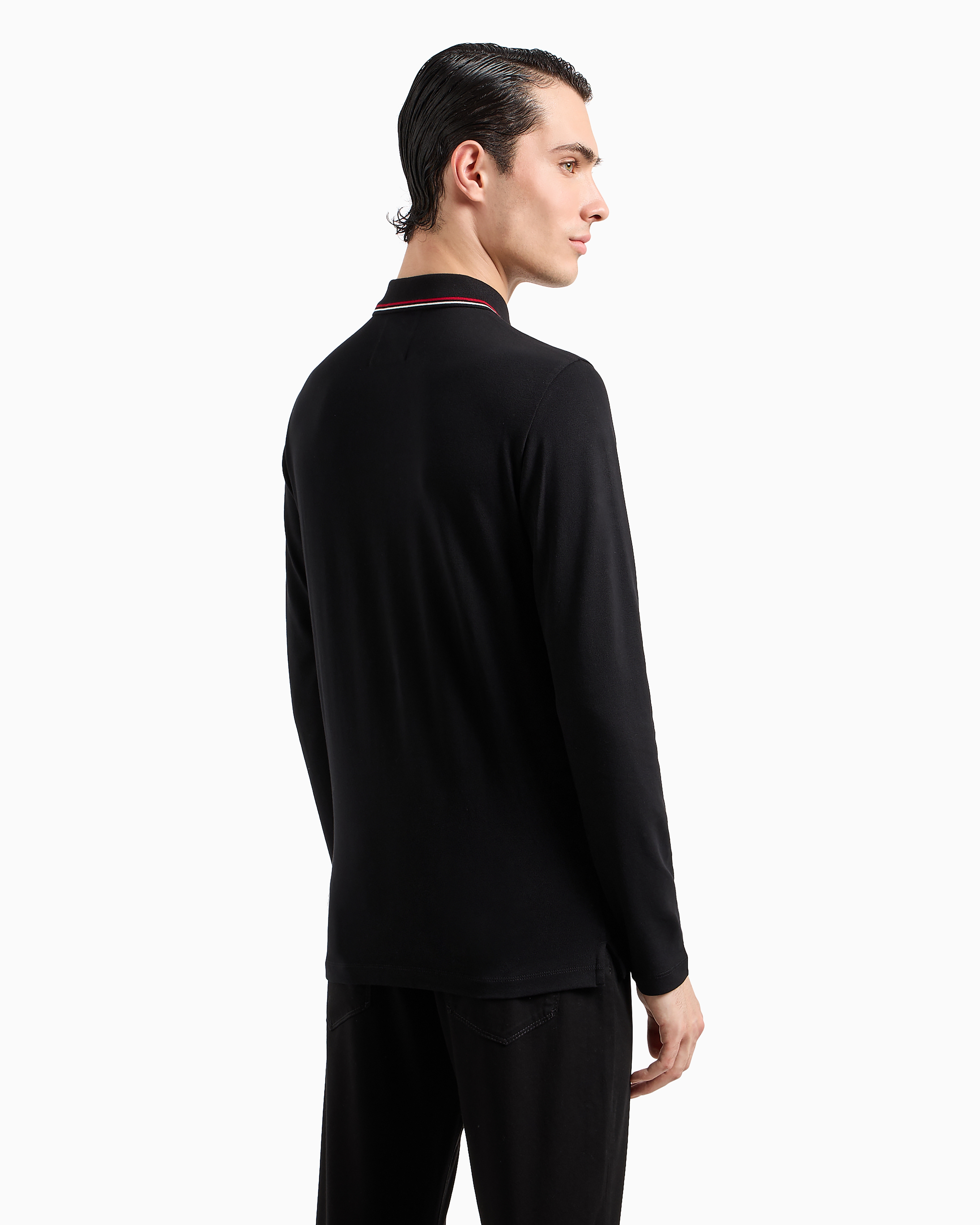 Emporio Armani Black Long Sleeve Polo Shirt With Logo Embroidery In Stretch Cotton Man In Black