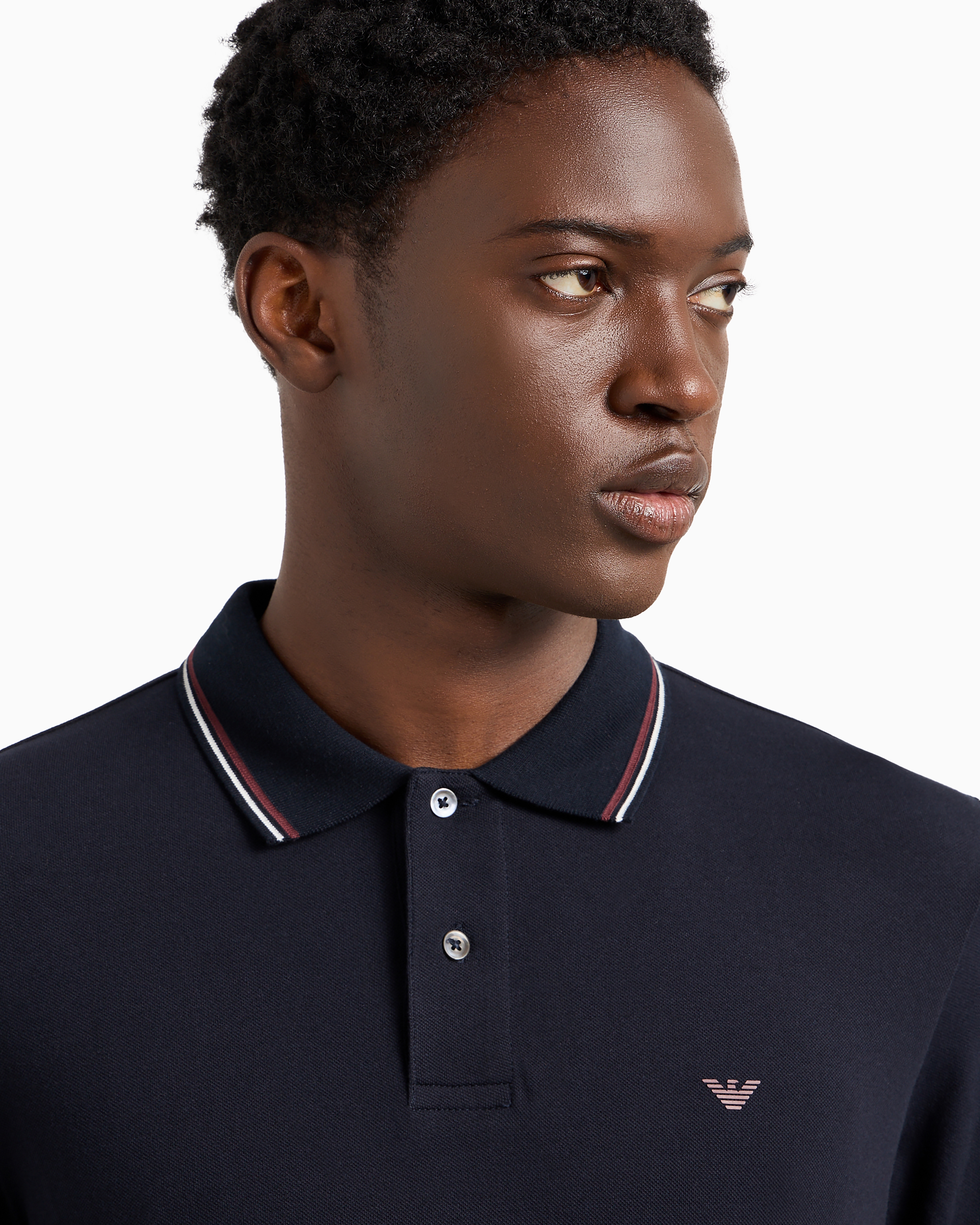 Emporio Armani Blue Long Sleeve Polo Shirt With Logo Embroidery In Stretch Cotton In Black