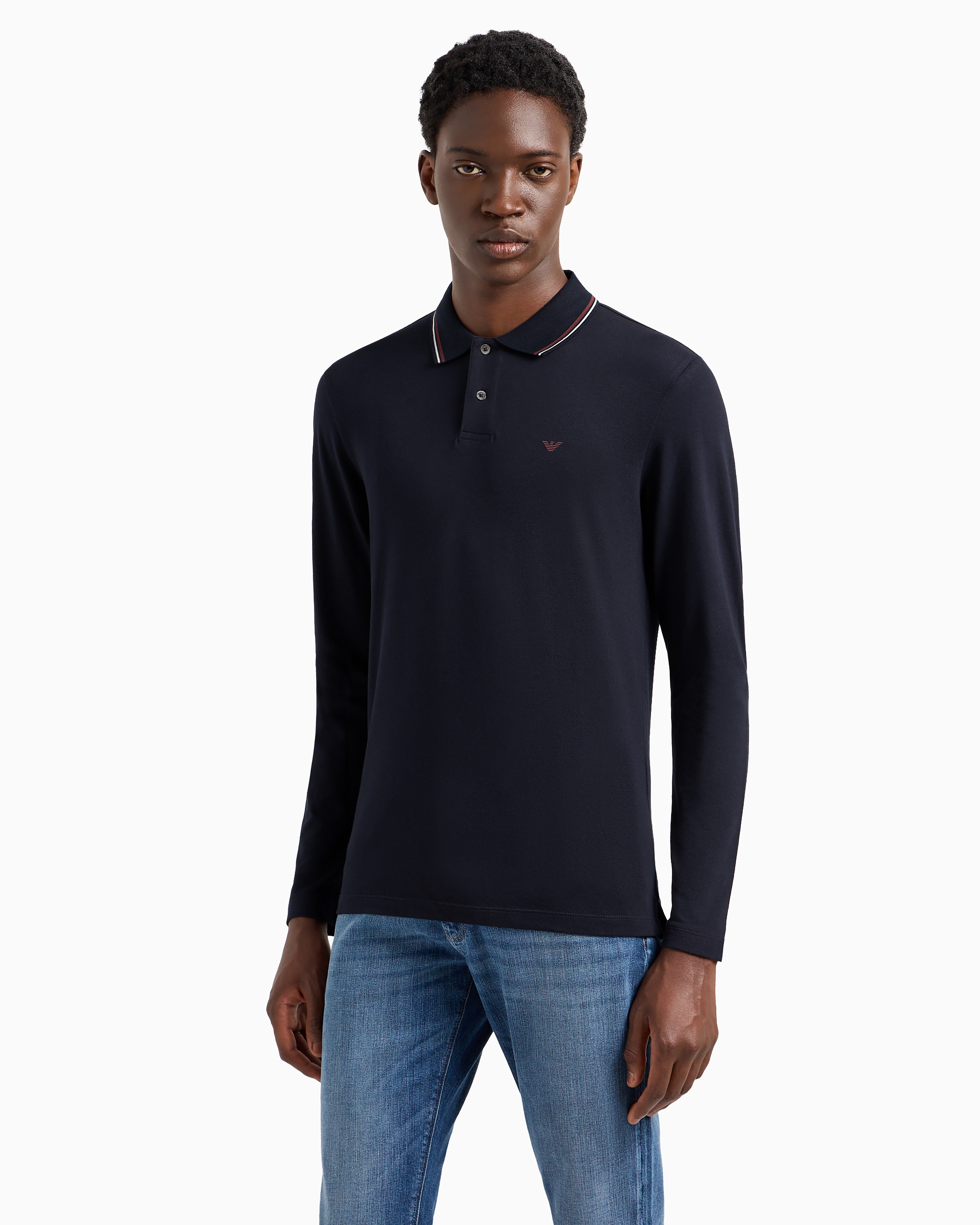 Emporio Armani Blue Long Sleeve Polo Shirt With Logo Embroidery In Stretch Cotton In Black