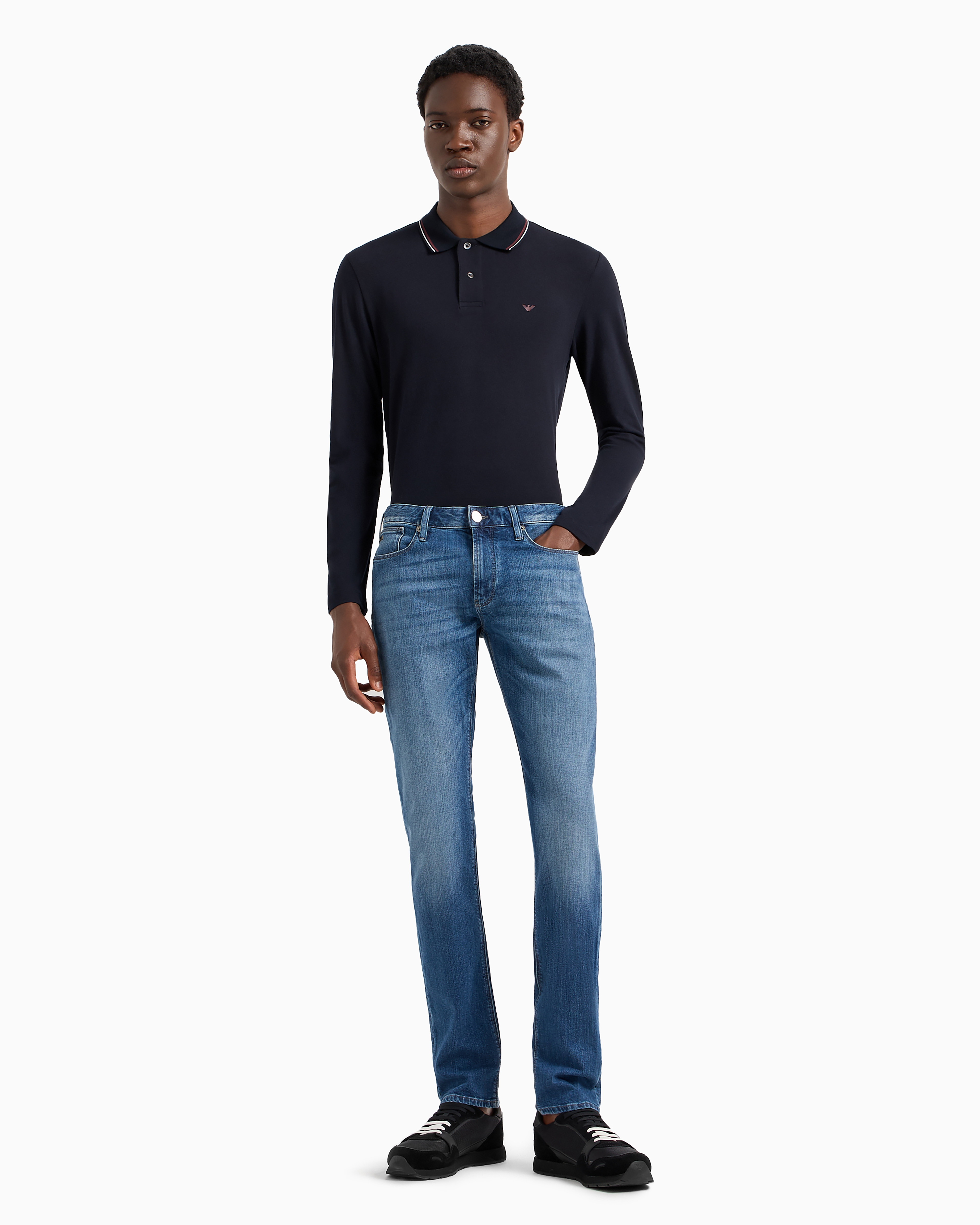 Emporio Armani Blue Long Sleeve Polo Shirt With Logo Embroidery In Stretch Cotton In Black
