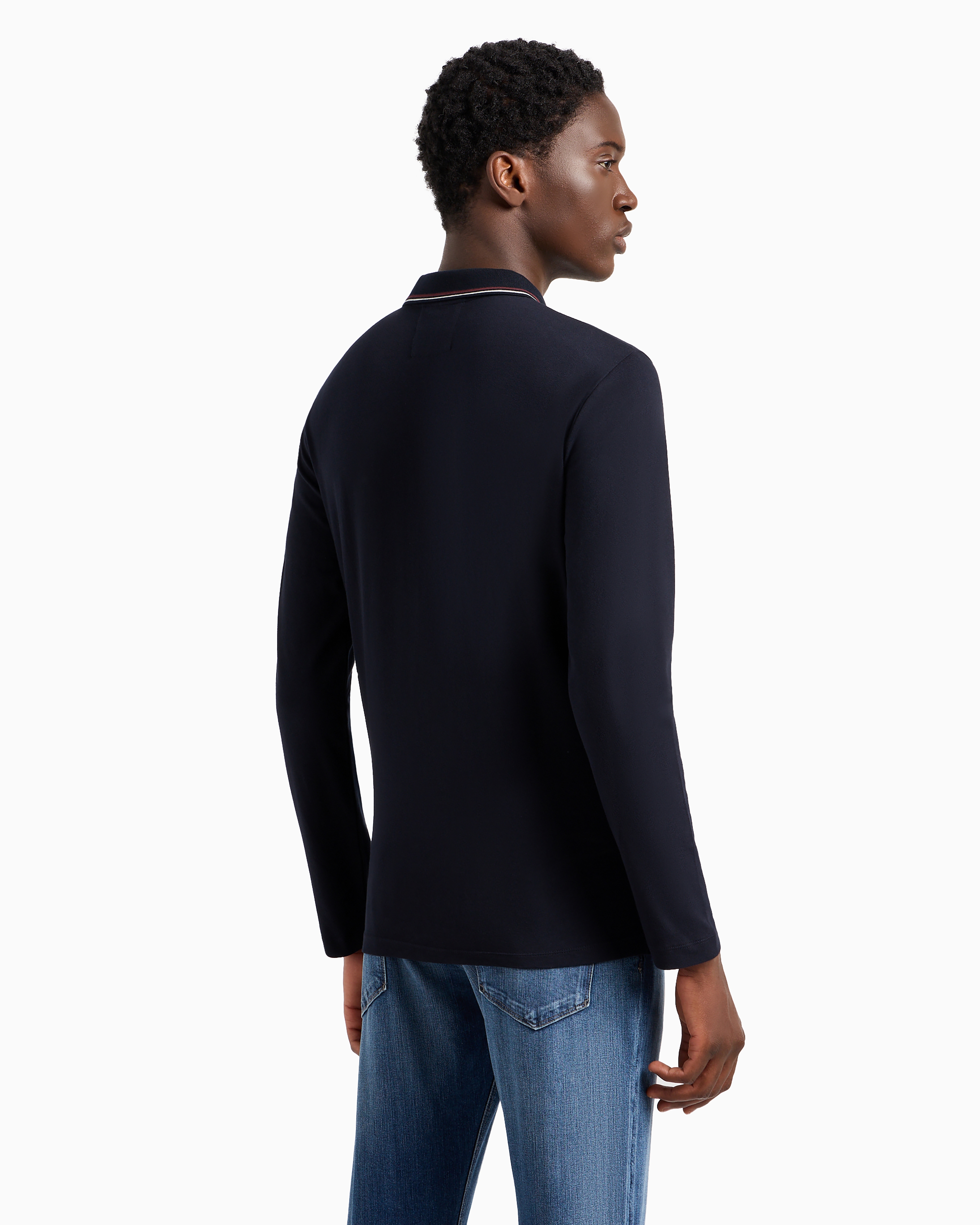 Emporio Armani Blue Long Sleeve Polo Shirt With Logo Embroidery In Stretch Cotton In Black