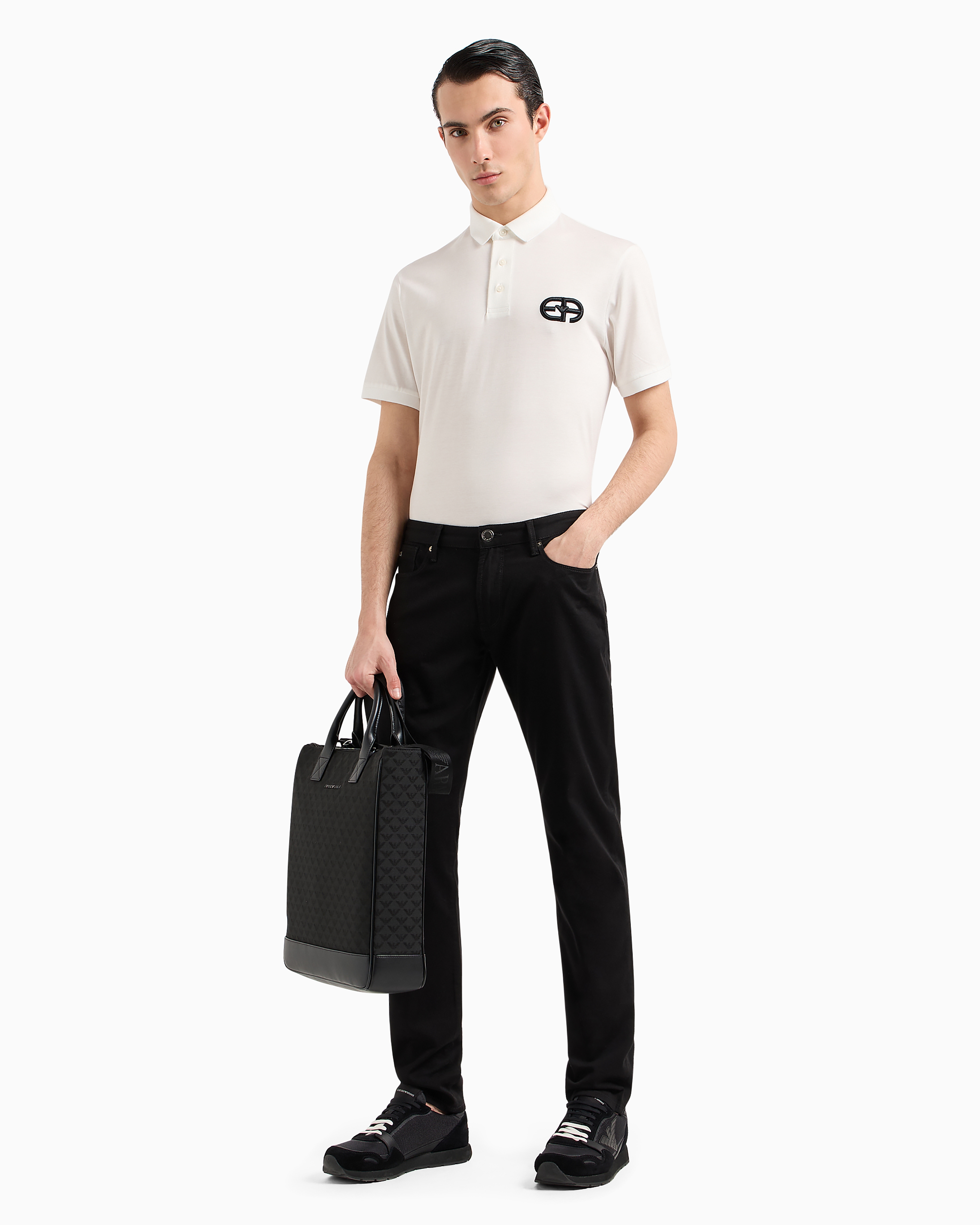 Emporio Armani Official Store Lyocell-blend Jersey Polo Shirt With Armani Sustainability Values Logo Raised Embroid In White