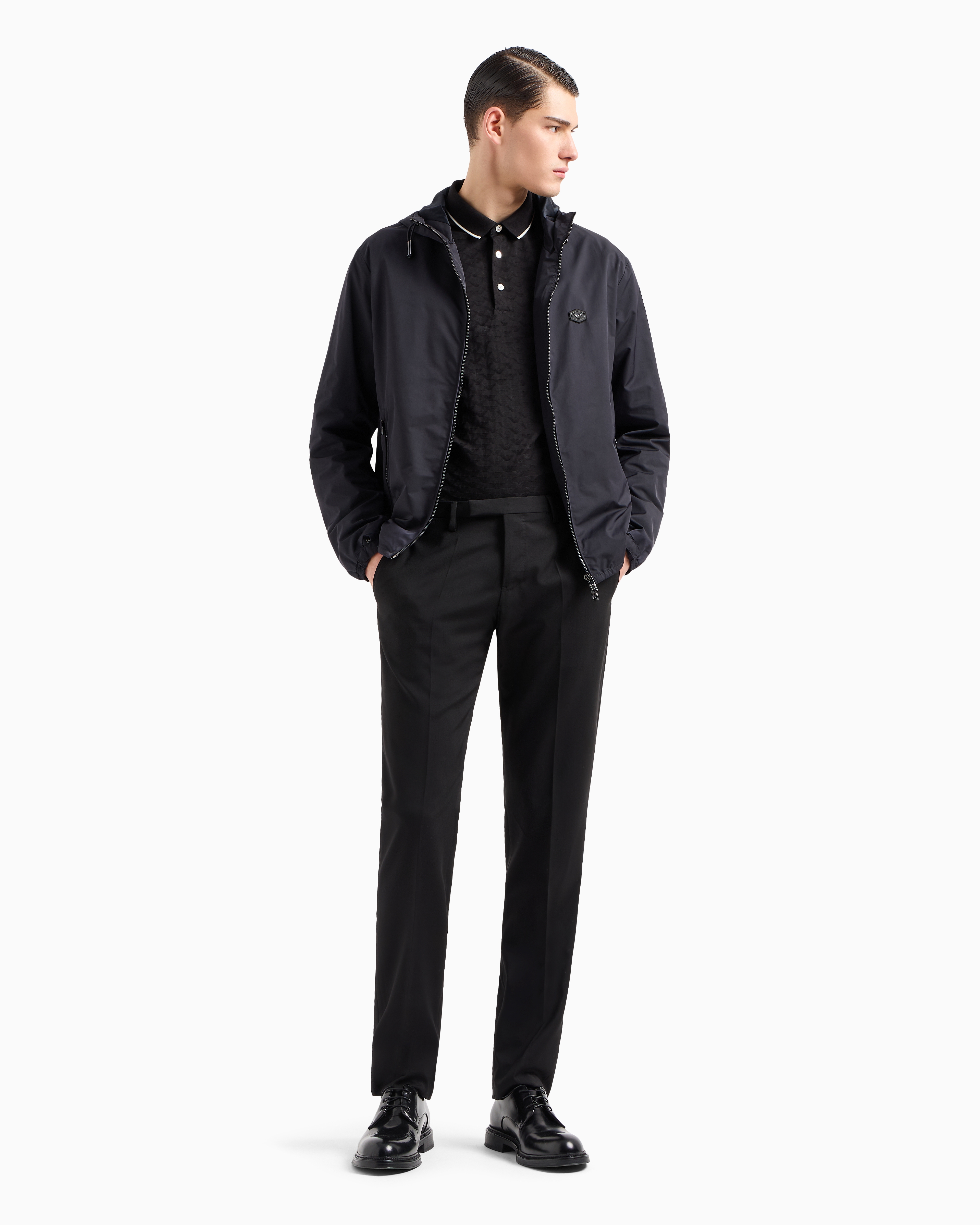 Emporio Armani Jersey Polo Shirt With All-over Jacquard Eagle In Black
