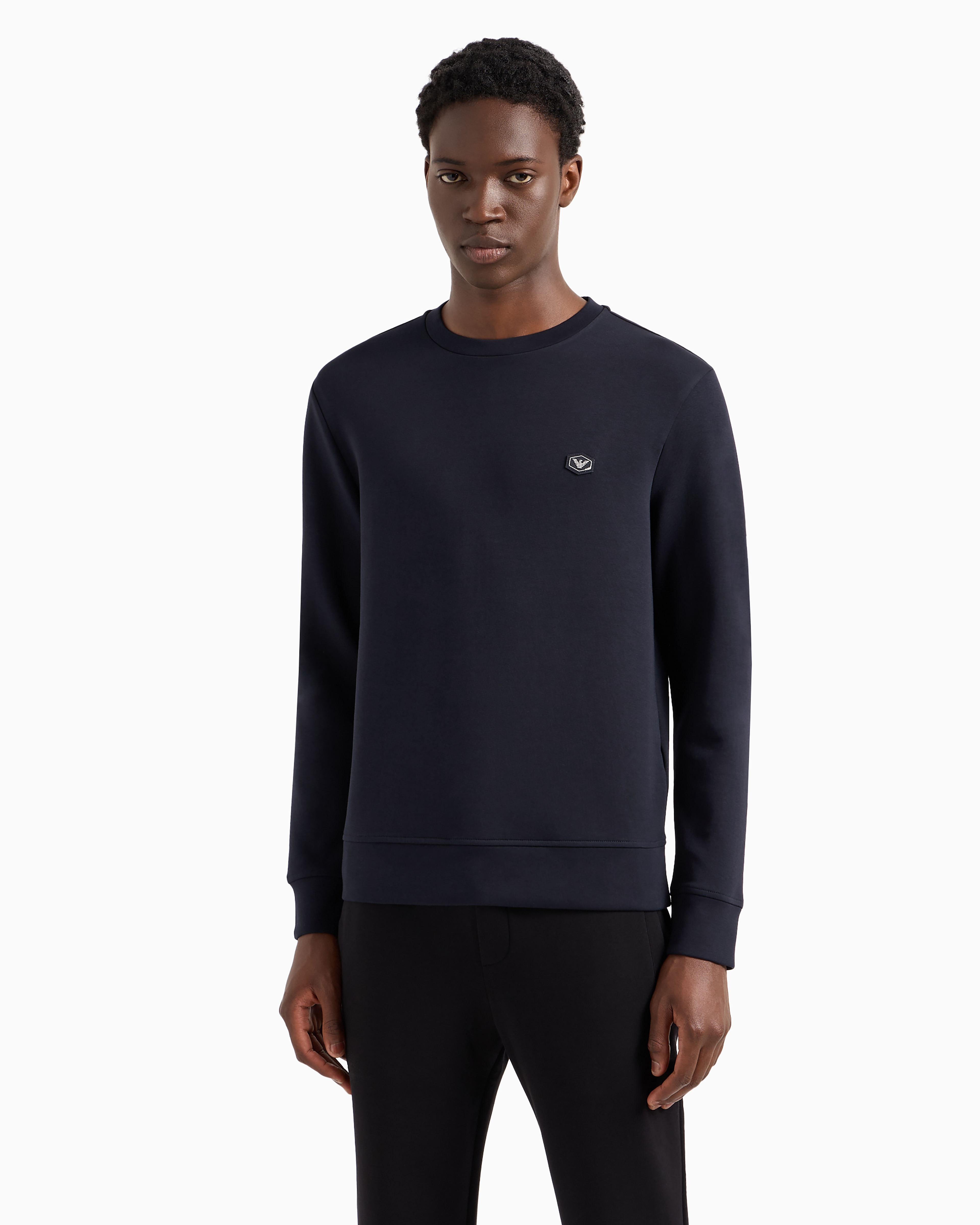 Emporio Armani Double-jersey Sweatshirt With Micro Logo Patch In Navy Blue