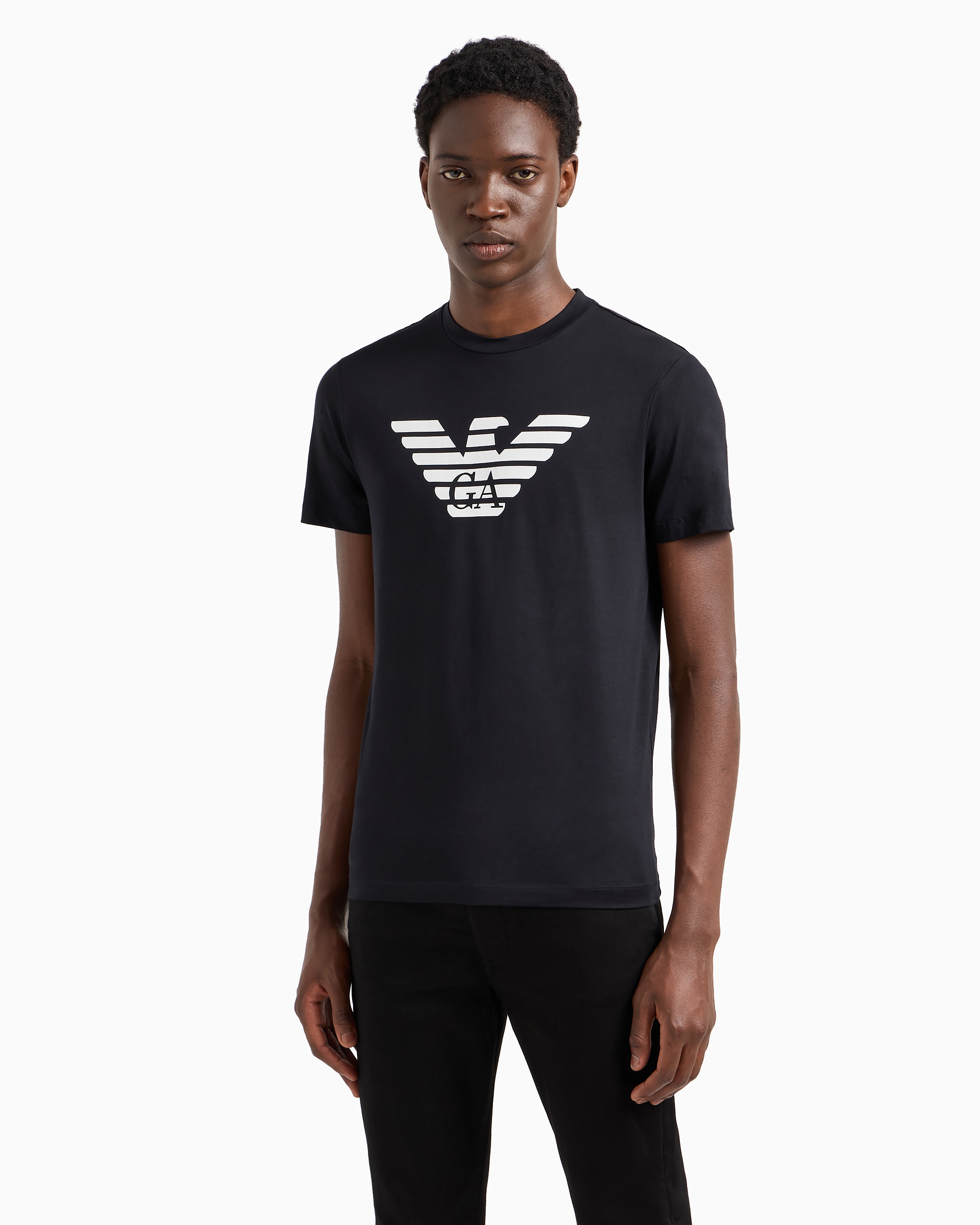 Emporio Armani Pima-jersey T-shirt With Logo Print In Navy Blue
