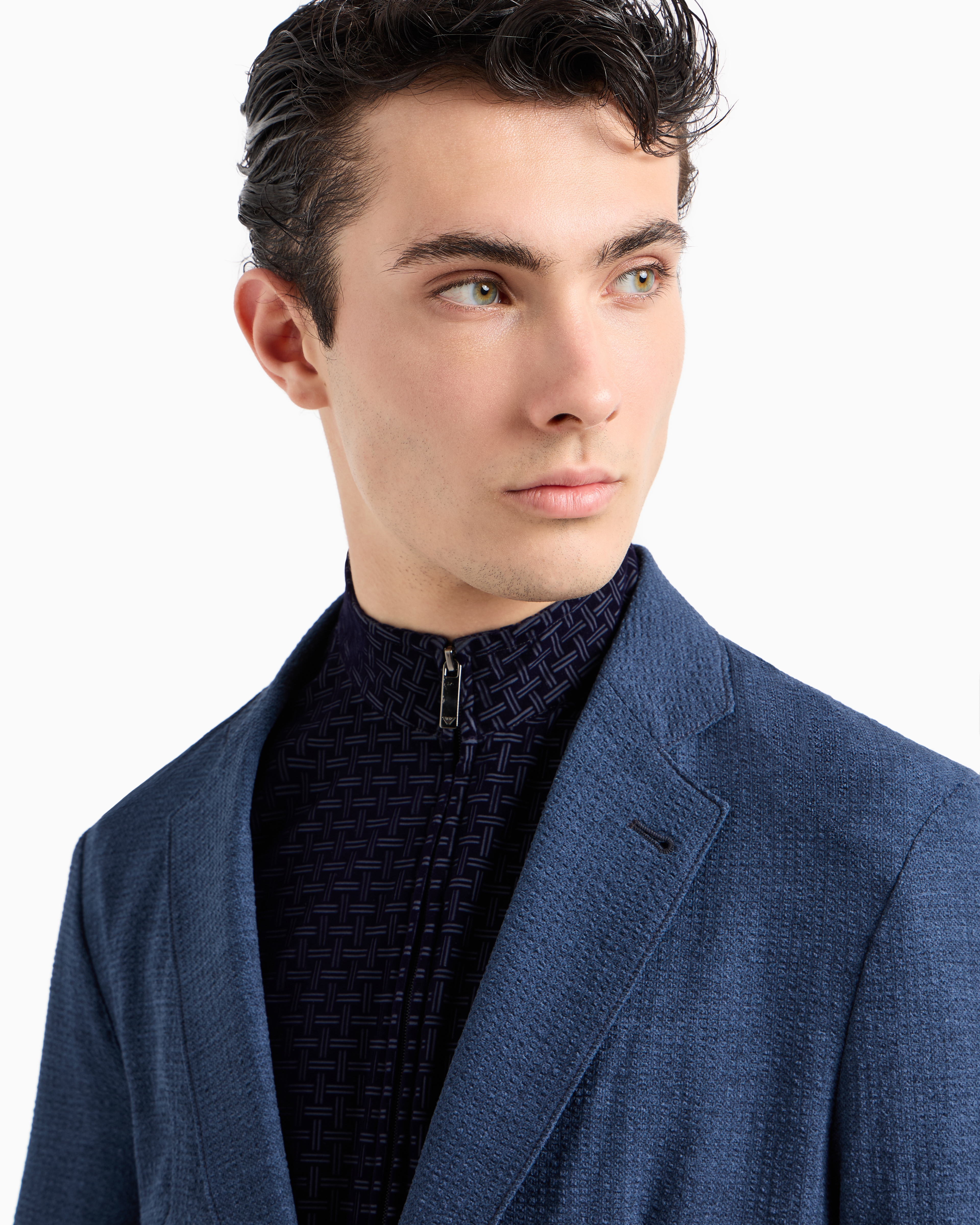 Shop Emporio Armani Printed Technical Seersucker Single-breasted Jacket In Bleu