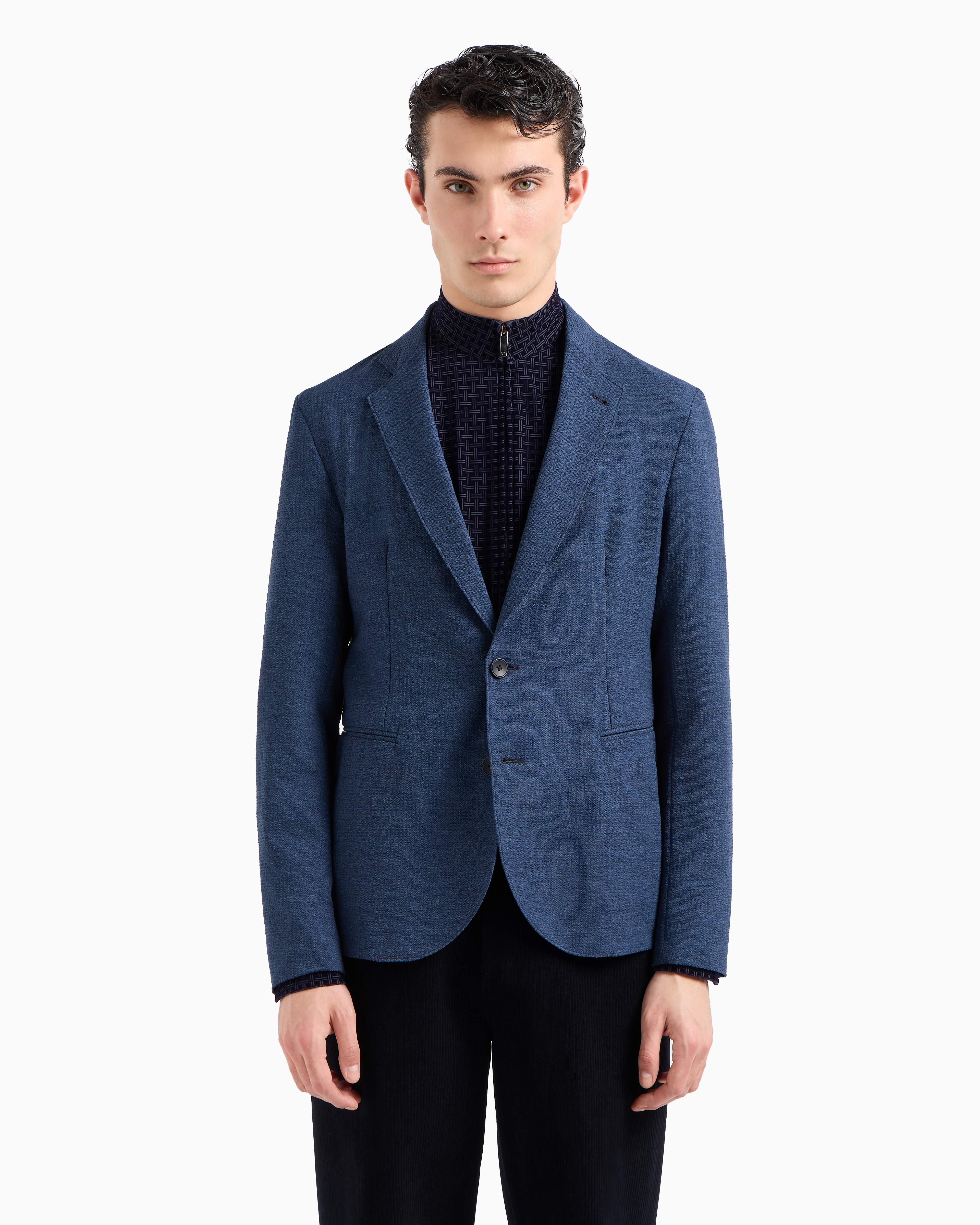 Shop Emporio Armani Printed Technical Seersucker Single-breasted Jacket In Bleu