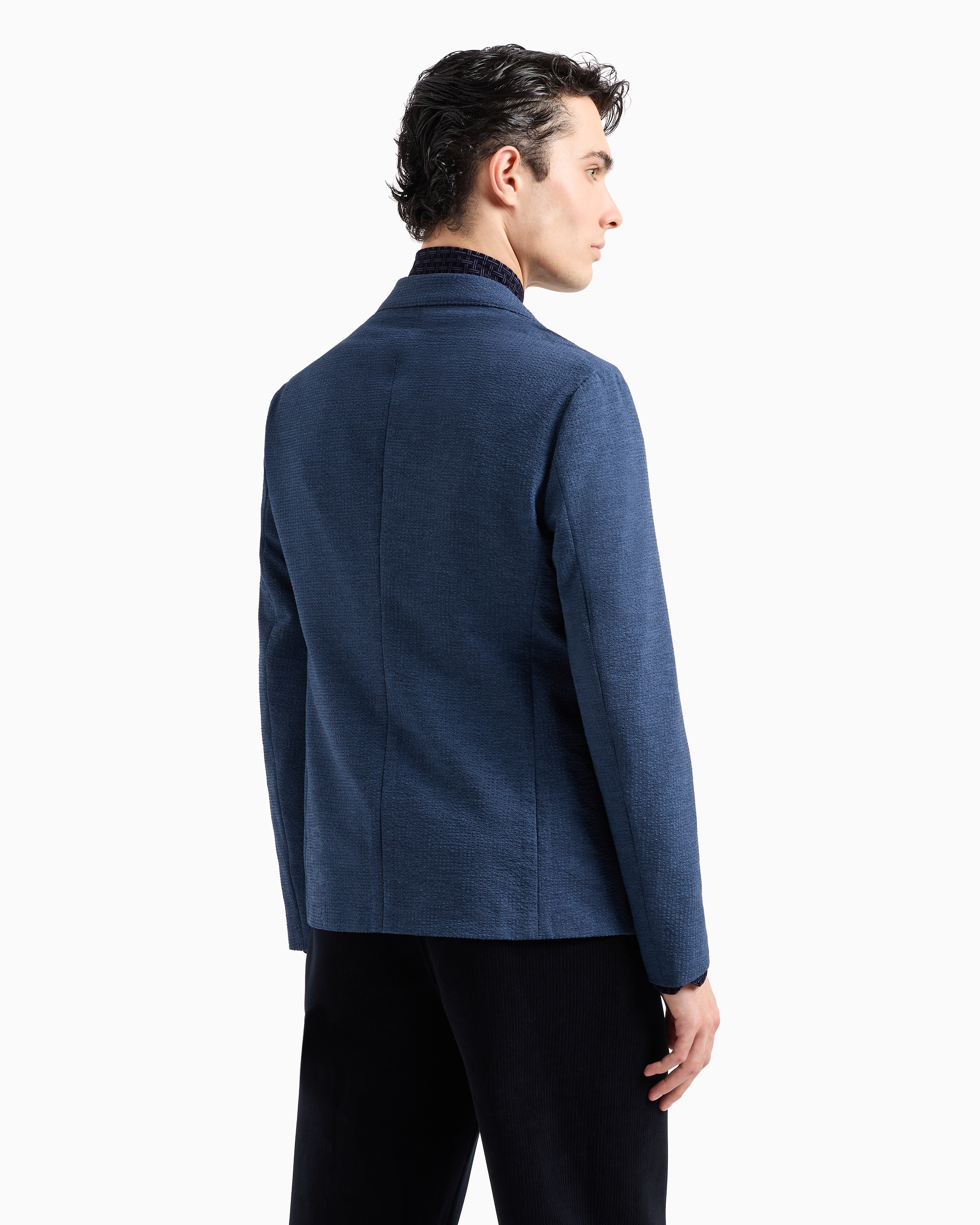 Shop Emporio Armani Printed Technical Seersucker Single-breasted Jacket In Bleu