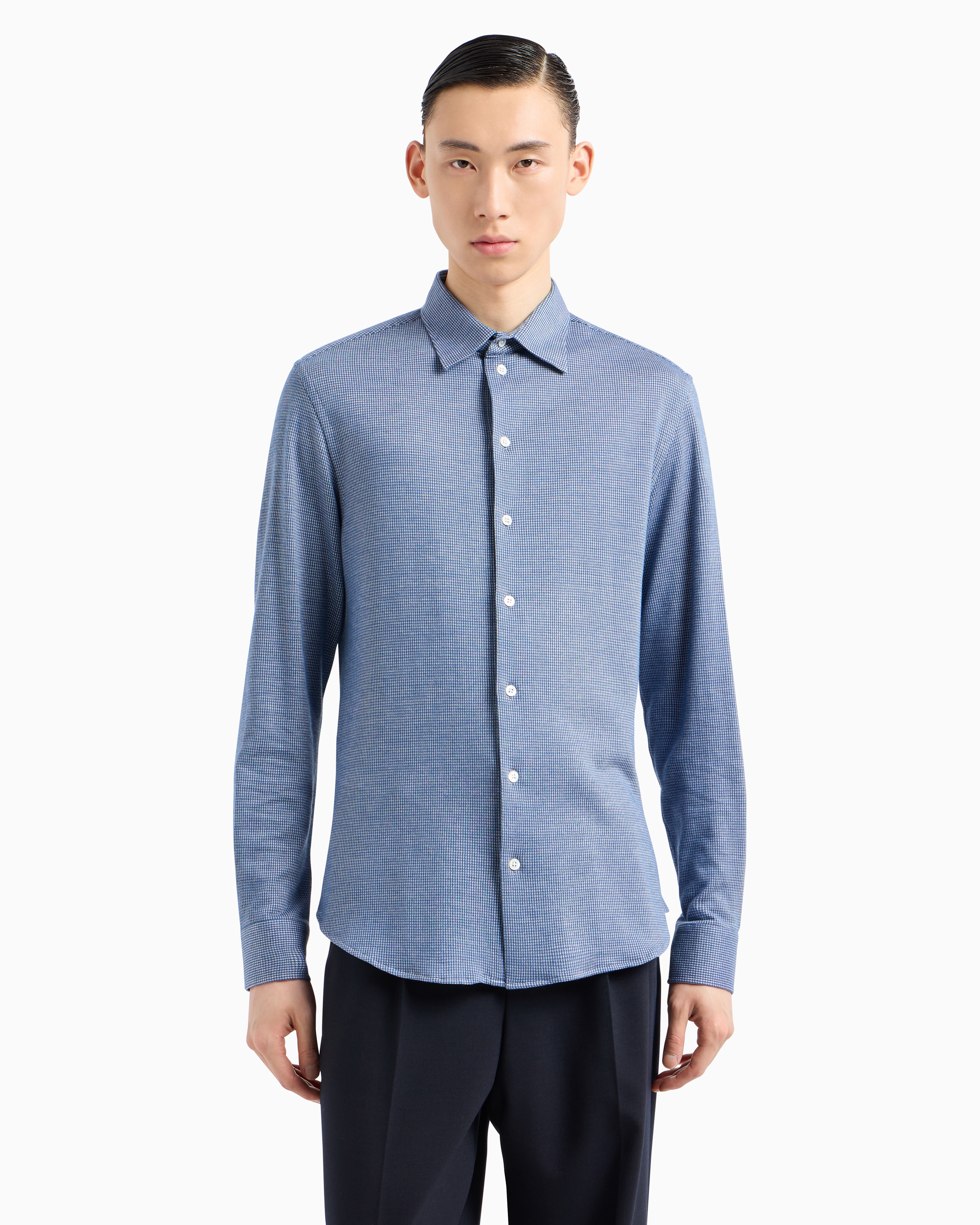 Emporio Armani Official Store Asv Houndstooth Motif Lyocell Blend Armure Jersey Shirt In Blue
