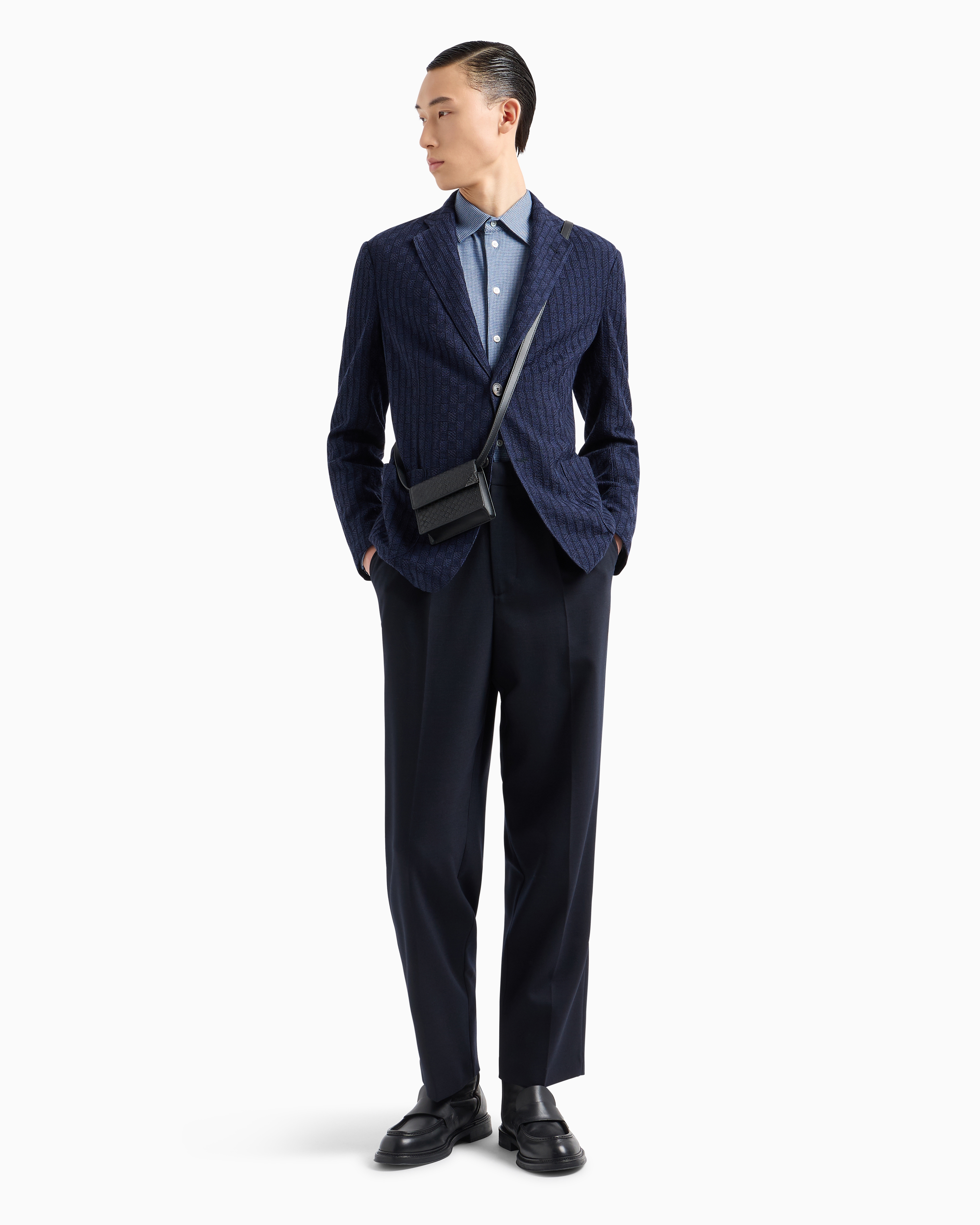 Emporio Armani Official Store Asv Houndstooth Motif Lyocell Blend Armure Jersey Shirt In Blue