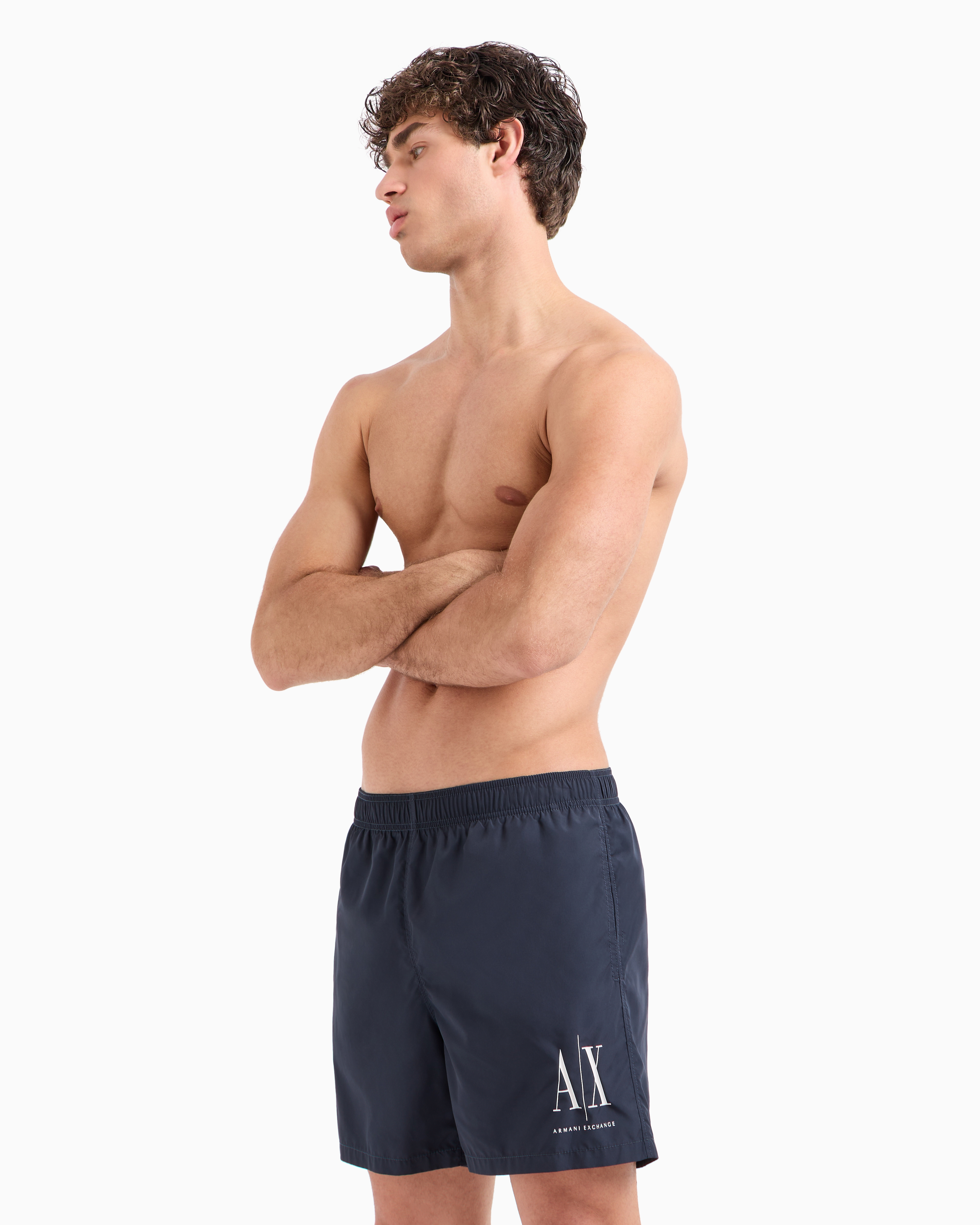 Shop Armani Exchange Fabric Swim Boxer With Logo In Navy Blue