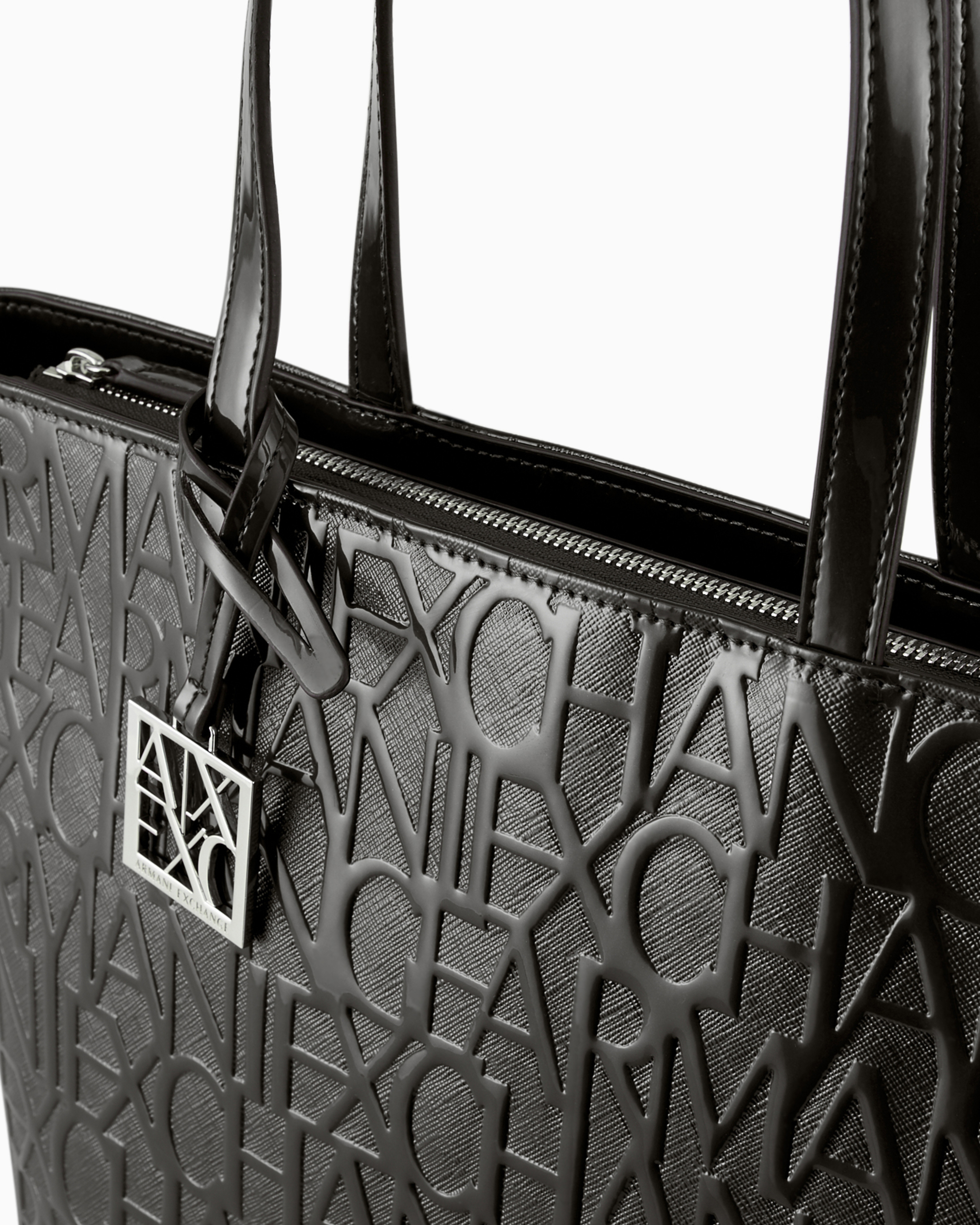 Armani Exchange Shopper With Zip And All-over Embossed Logo Lettering In Black
