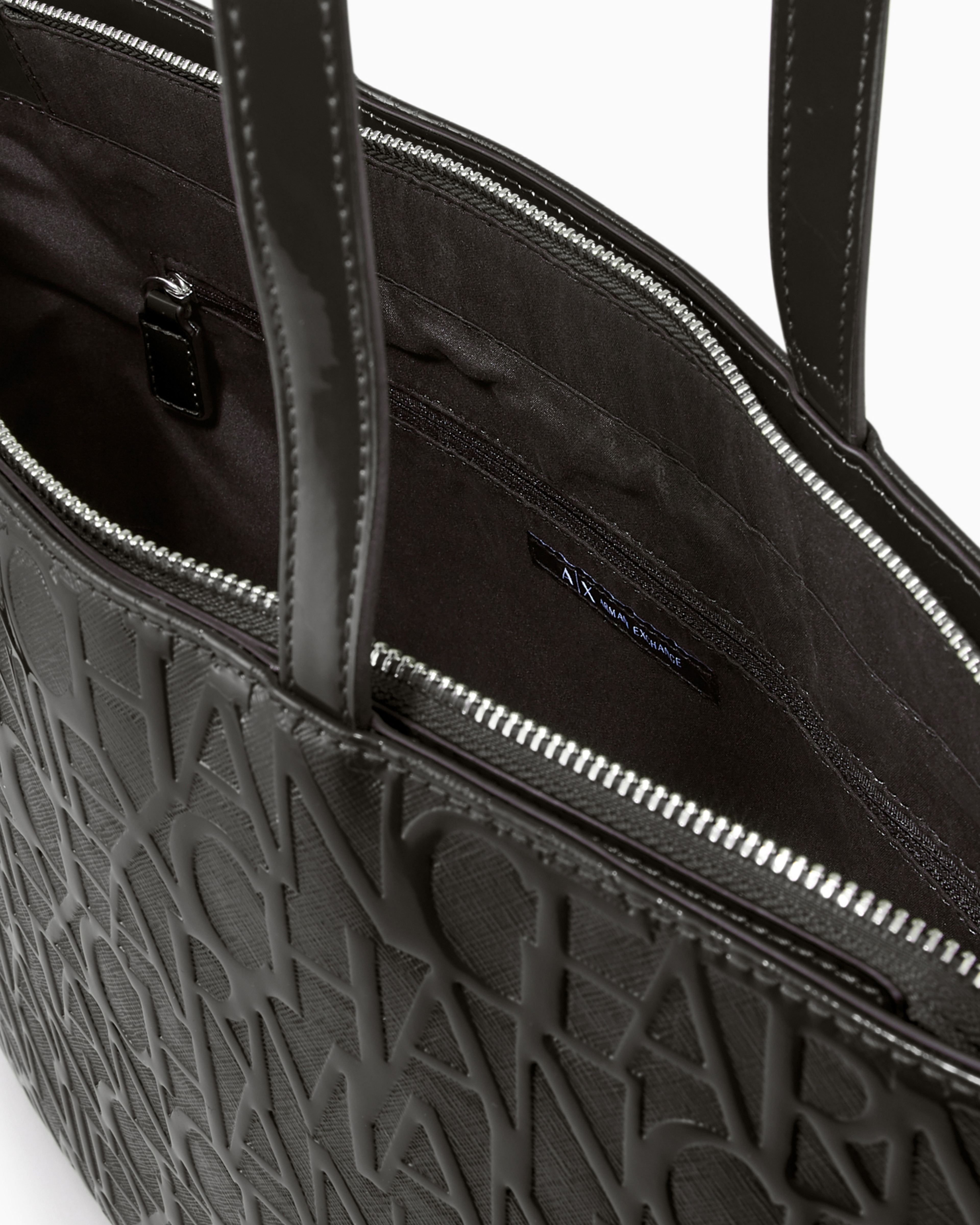 Armani Exchange Shopper With Zip And All-over Embossed Logo Lettering In Black