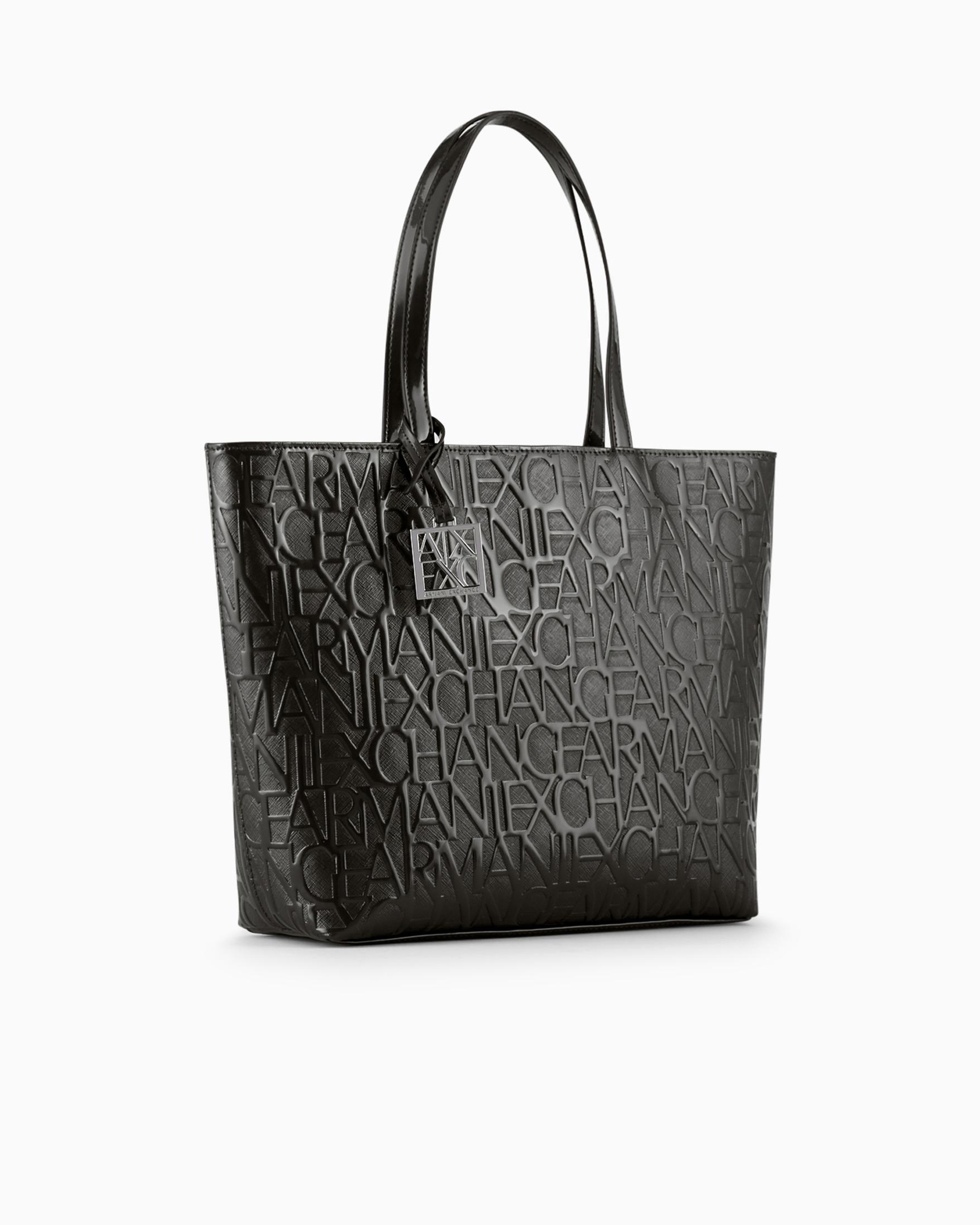 Armani Exchange Shopper With Zip And All-over Embossed Logo Lettering In Black