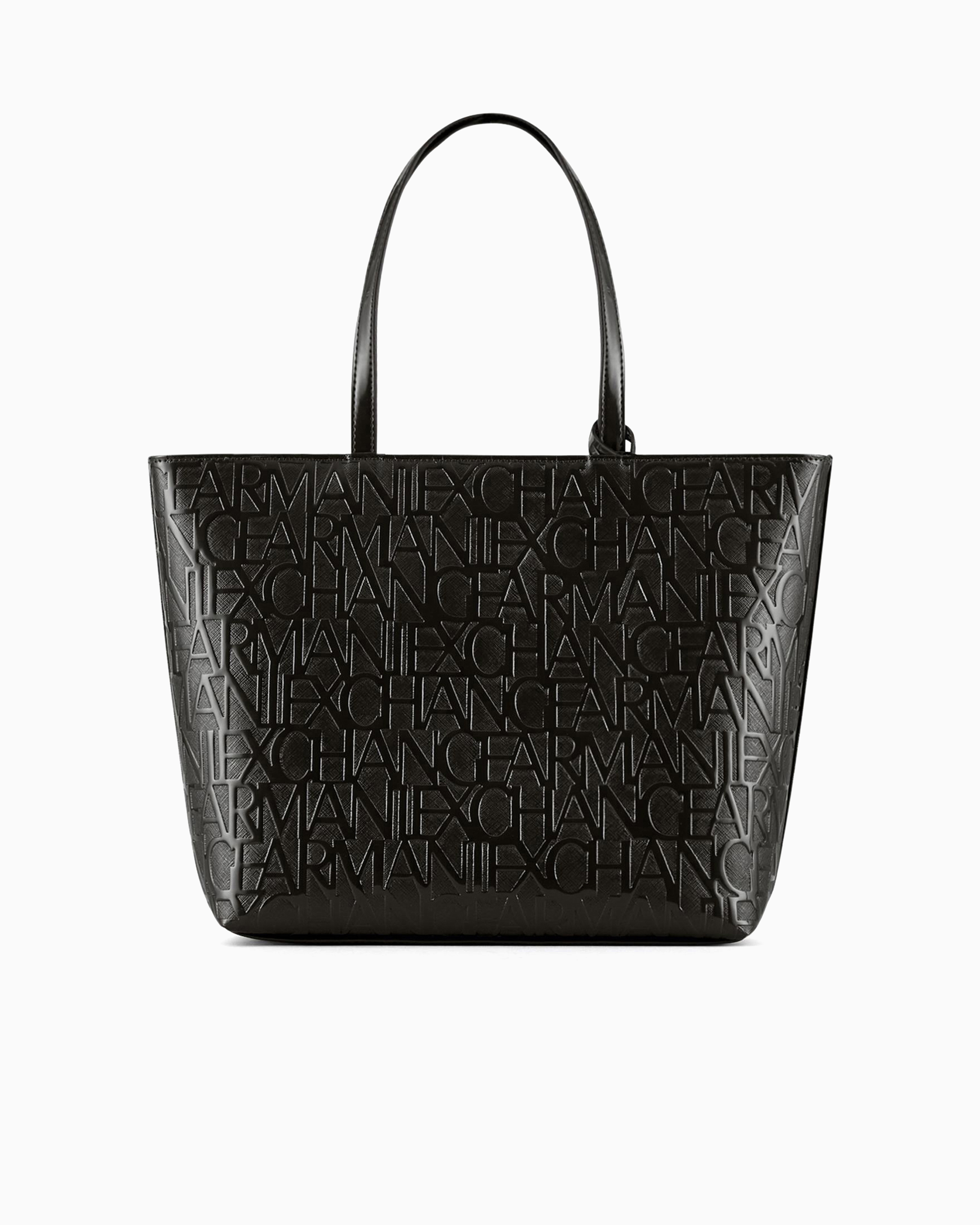 Armani Exchange Shopper With Zip And All-over Embossed Logo Lettering In Black