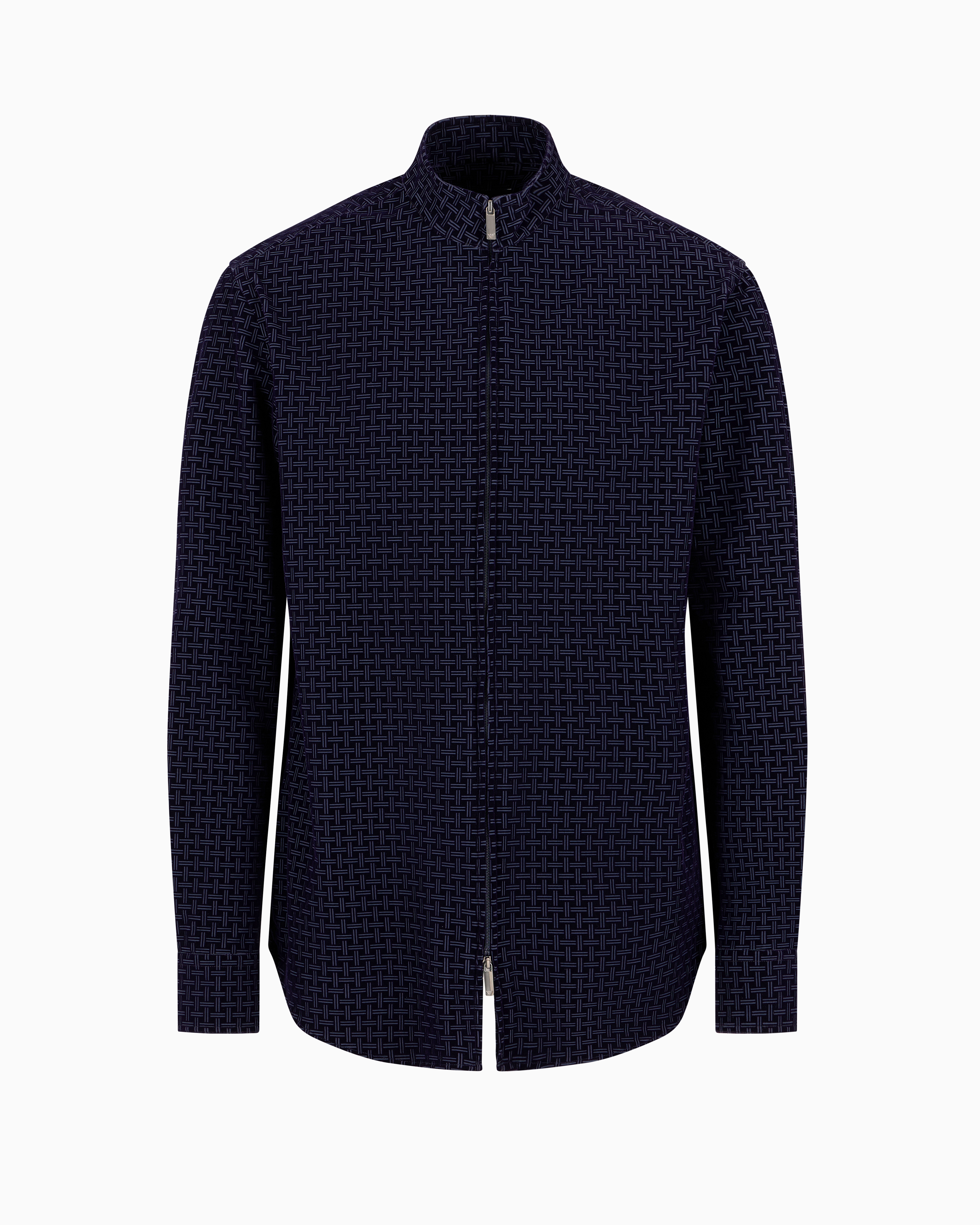 Emporio Armani Full-zip Shirt In Technical Fabric With Flocked Pattern In Bleu Marine