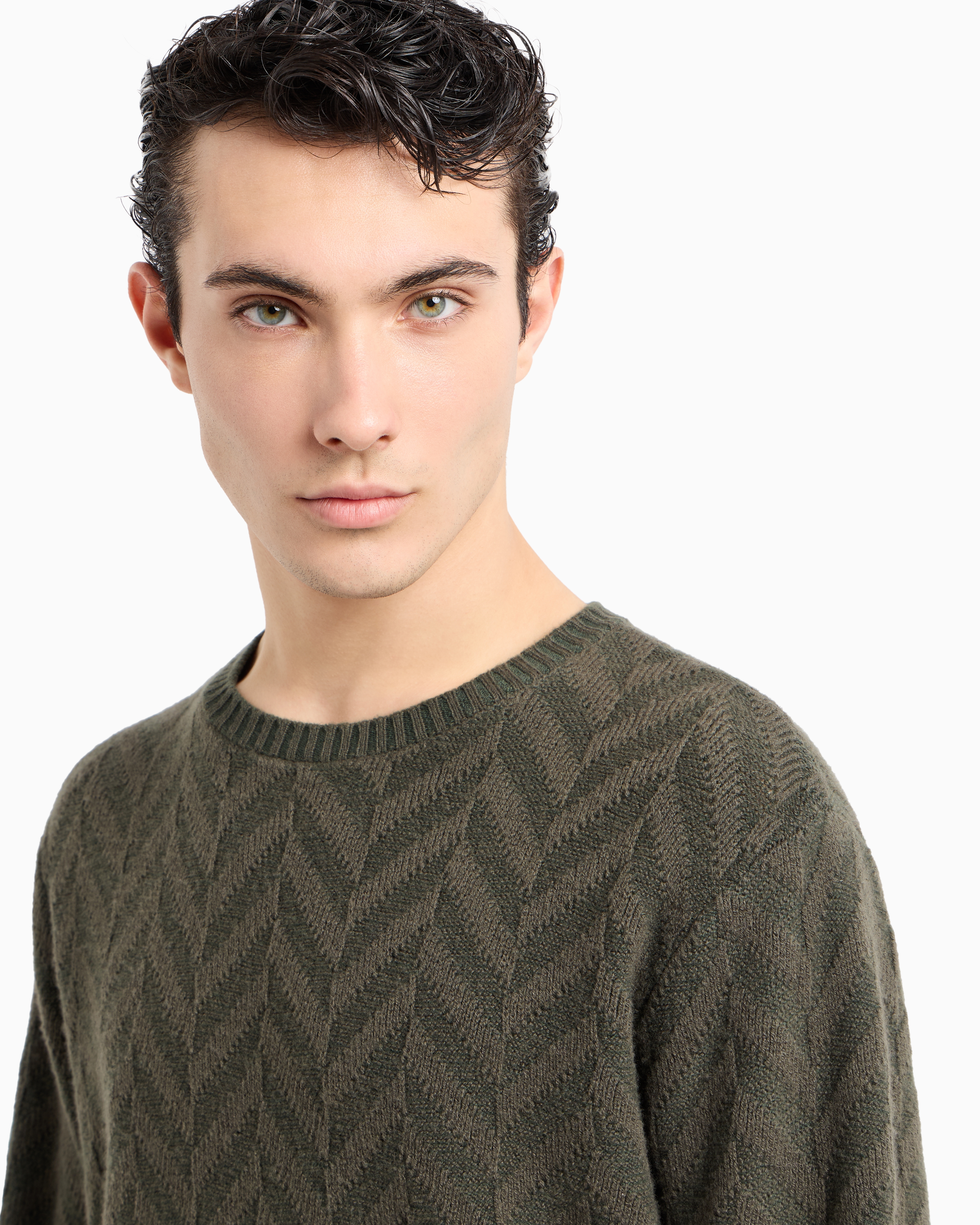 Emporio Armani Official Store Icon Virgin-wool Jumper With Two-tone Jacquard Chevron Motif In Vert Militaire