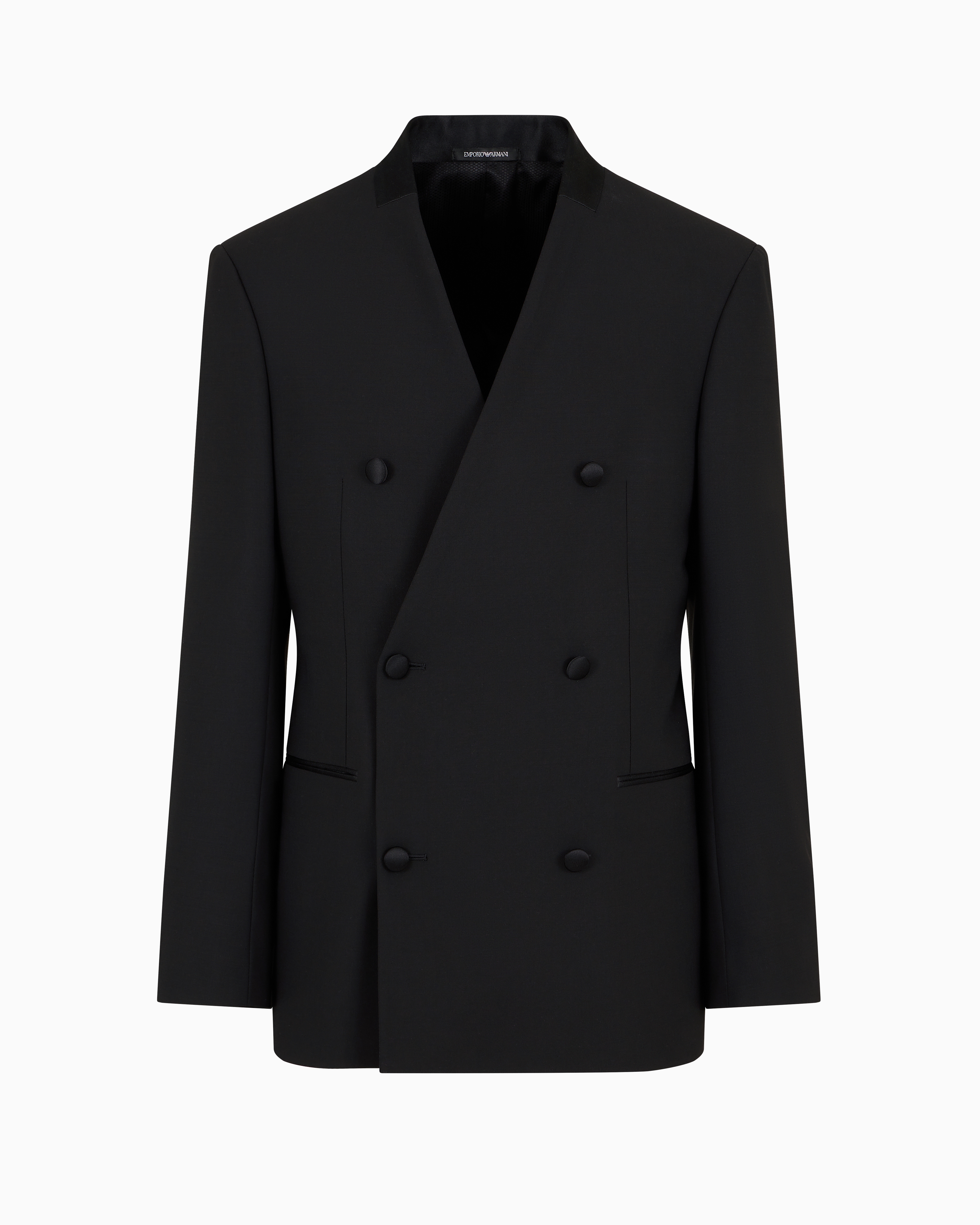 Emporio Armani Official Store Double-breasted Blazer In Two-way Stretch Virgin Wool Canvas With Satin Collar In Noir