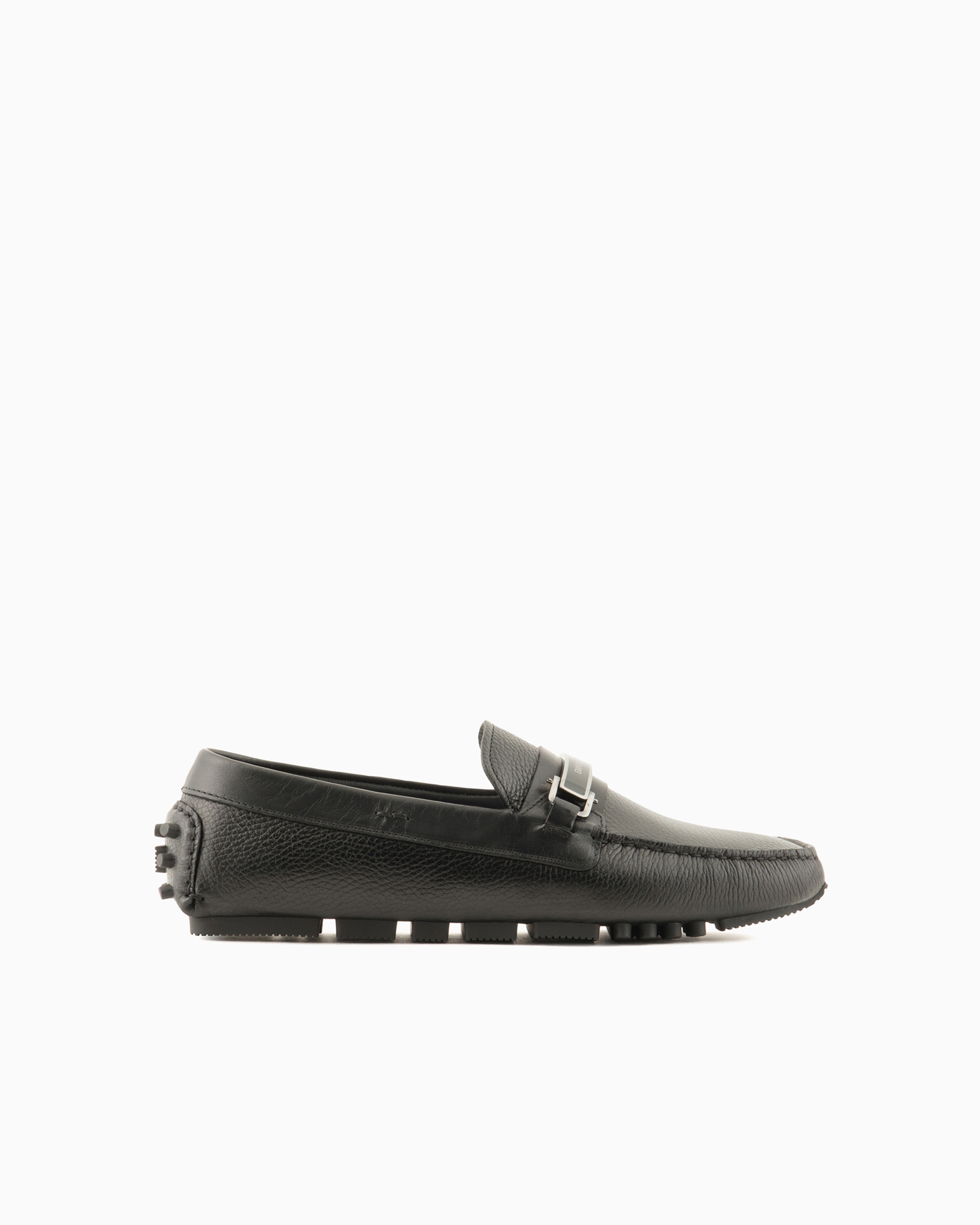 Emporio Armani Official Store Pebbled Leather Driving Loafers With Stirrup Bar In Black