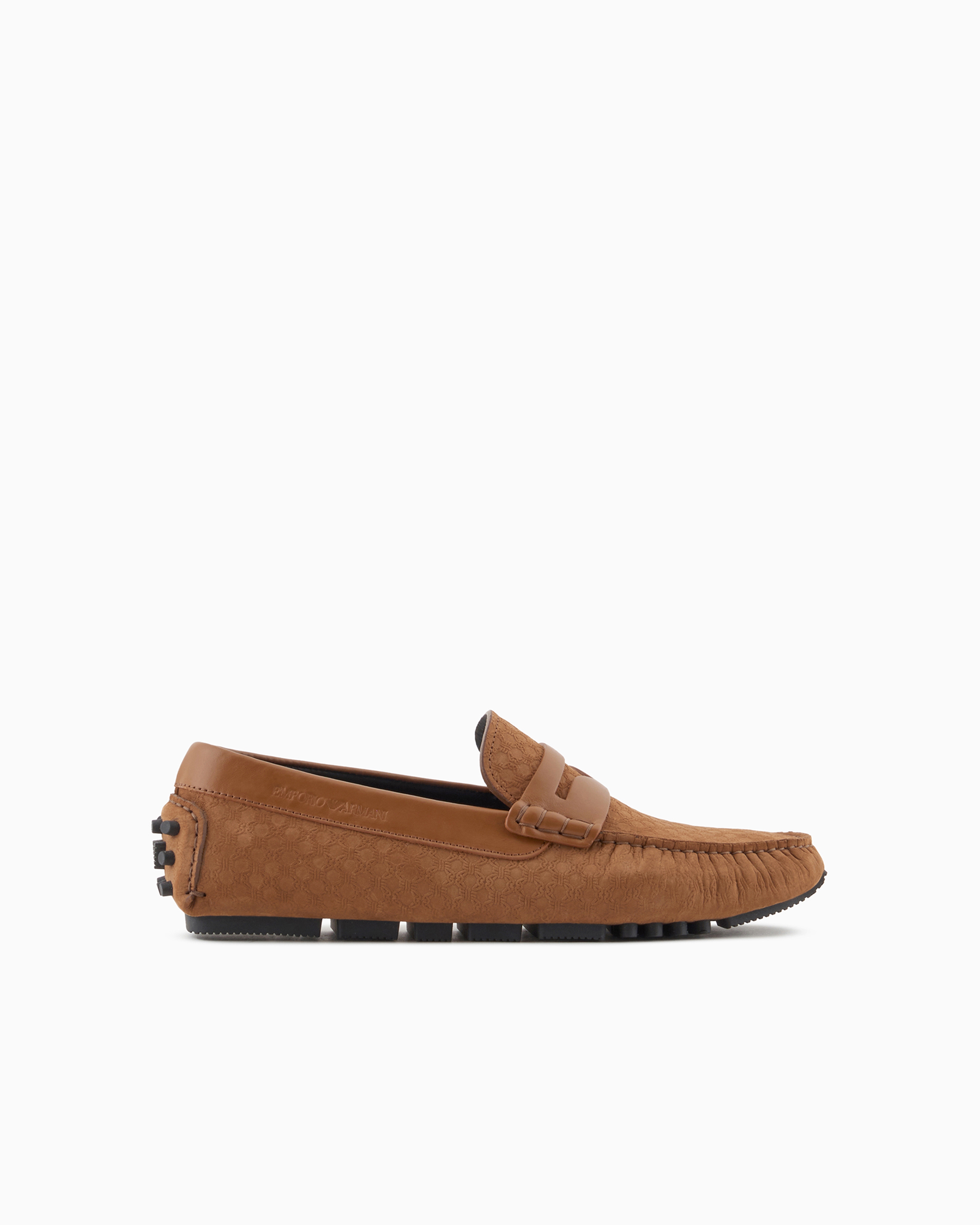 Emporio Armani Official Store Leather Driving Loafers With All-over Embossed Pattern In Brown